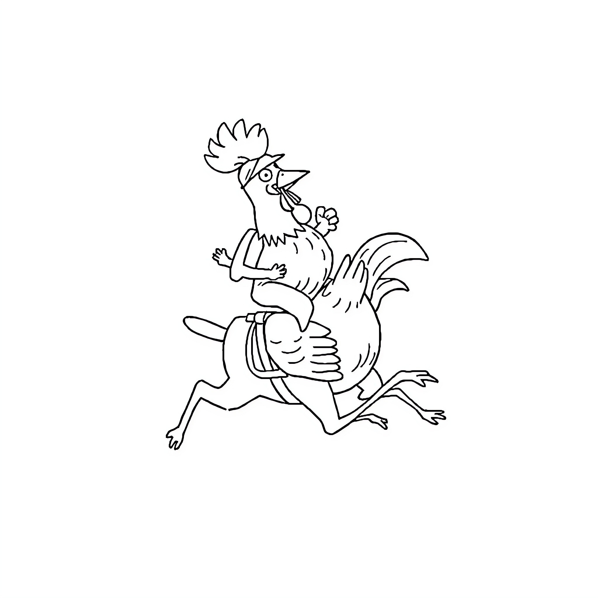Chicken running with excitement Coloring Page (free black-and-white line drawing printable PDF for all, from beginners to advanced learners, including children, teens, adults, and seniors)