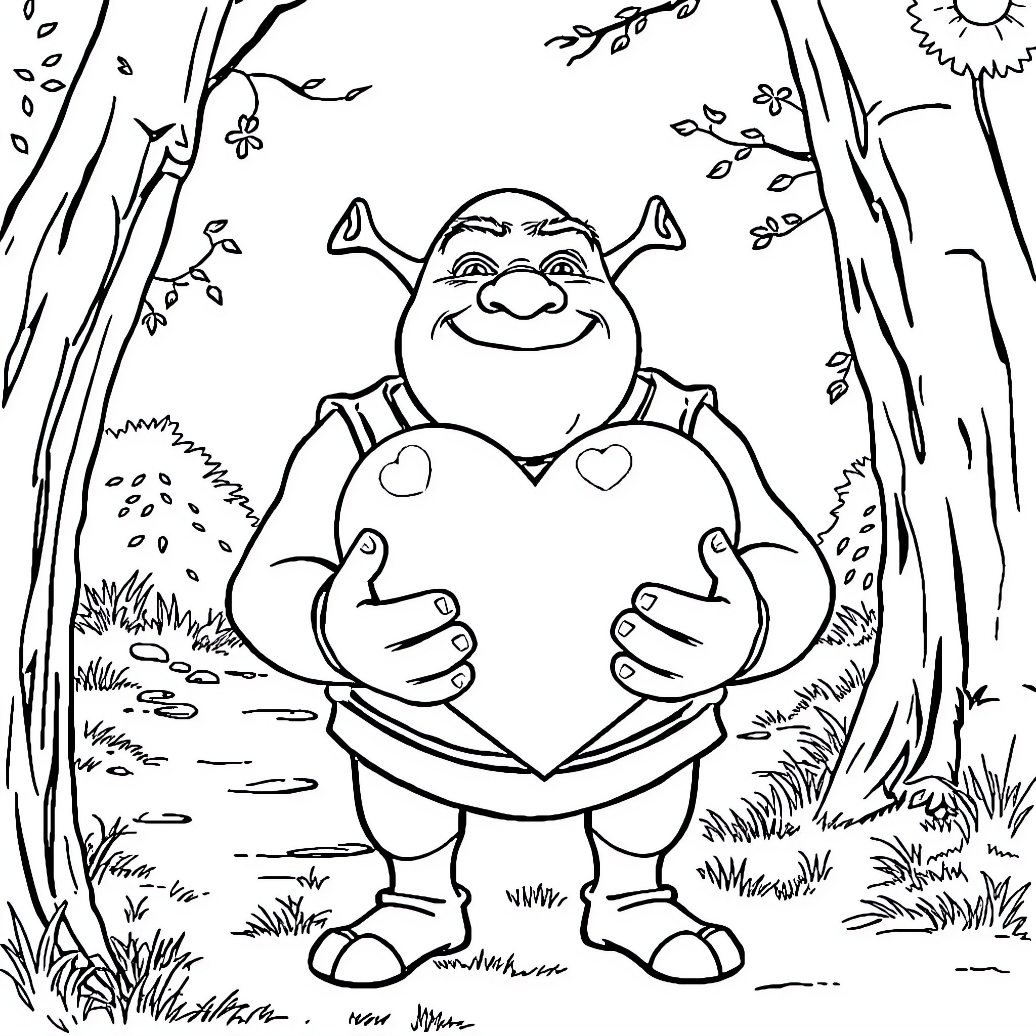 Shrek holding a heart in the forest Coloring Page (free black-and-white line drawing printable PDF for all, from beginners to advanced learners, including children, teens, adults, and seniors)