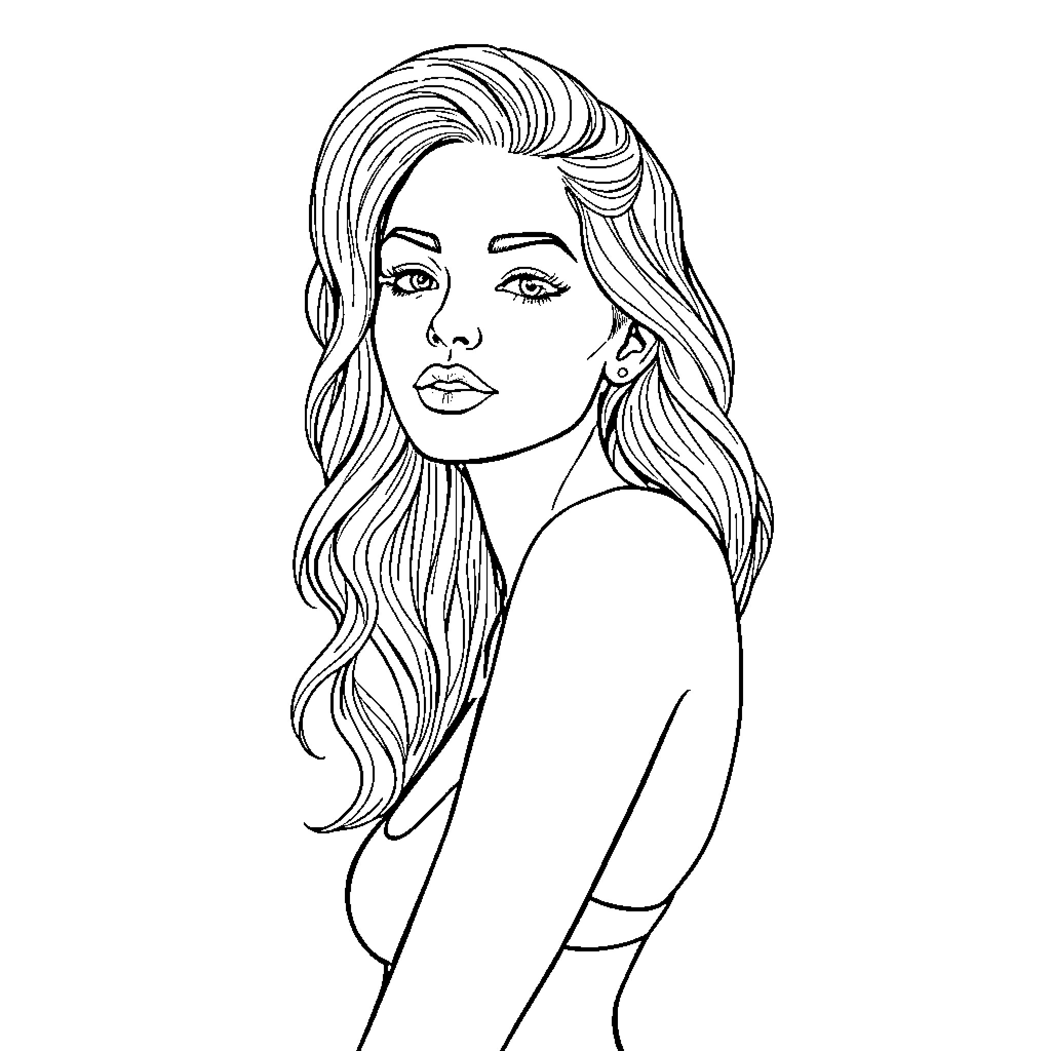 Woman with Flowing Hairstyle Coloring Page (free black-and-white line drawing printable PDF for all, from beginners to advanced learners, including children, teens, adults, and seniors)