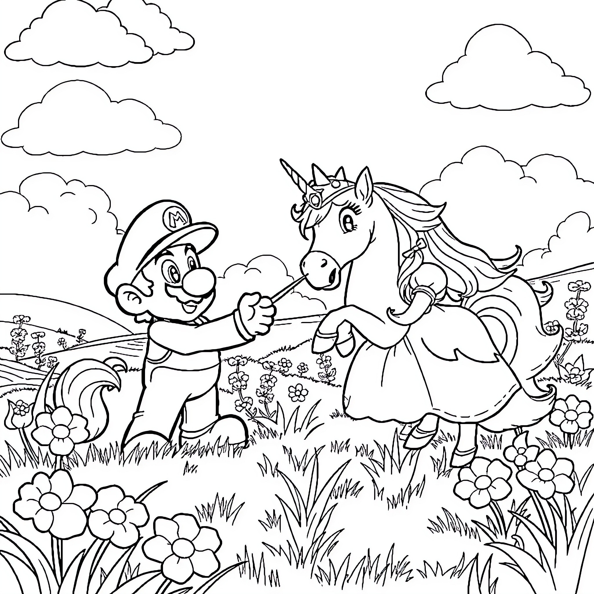 Mario playing with a unicorn in a flowery meadow Coloring Page (free black-and-white line drawing printable PDF for all, from beginners to advanced learners, including children, teens, adults, and seniors)