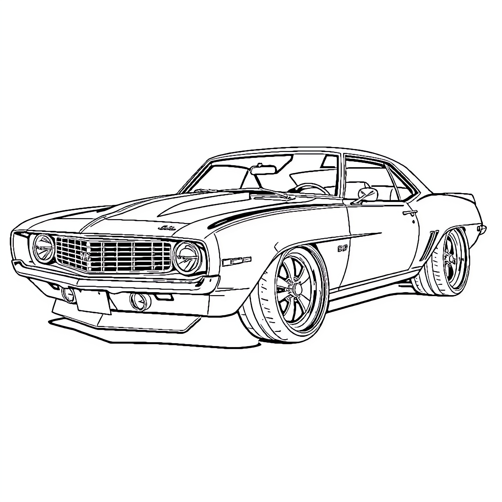 Camaro speeding down the road Coloring Page (free black-and-white line drawing printable PDF for all, from beginners to advanced learners, including children, teens, adults, and seniors)