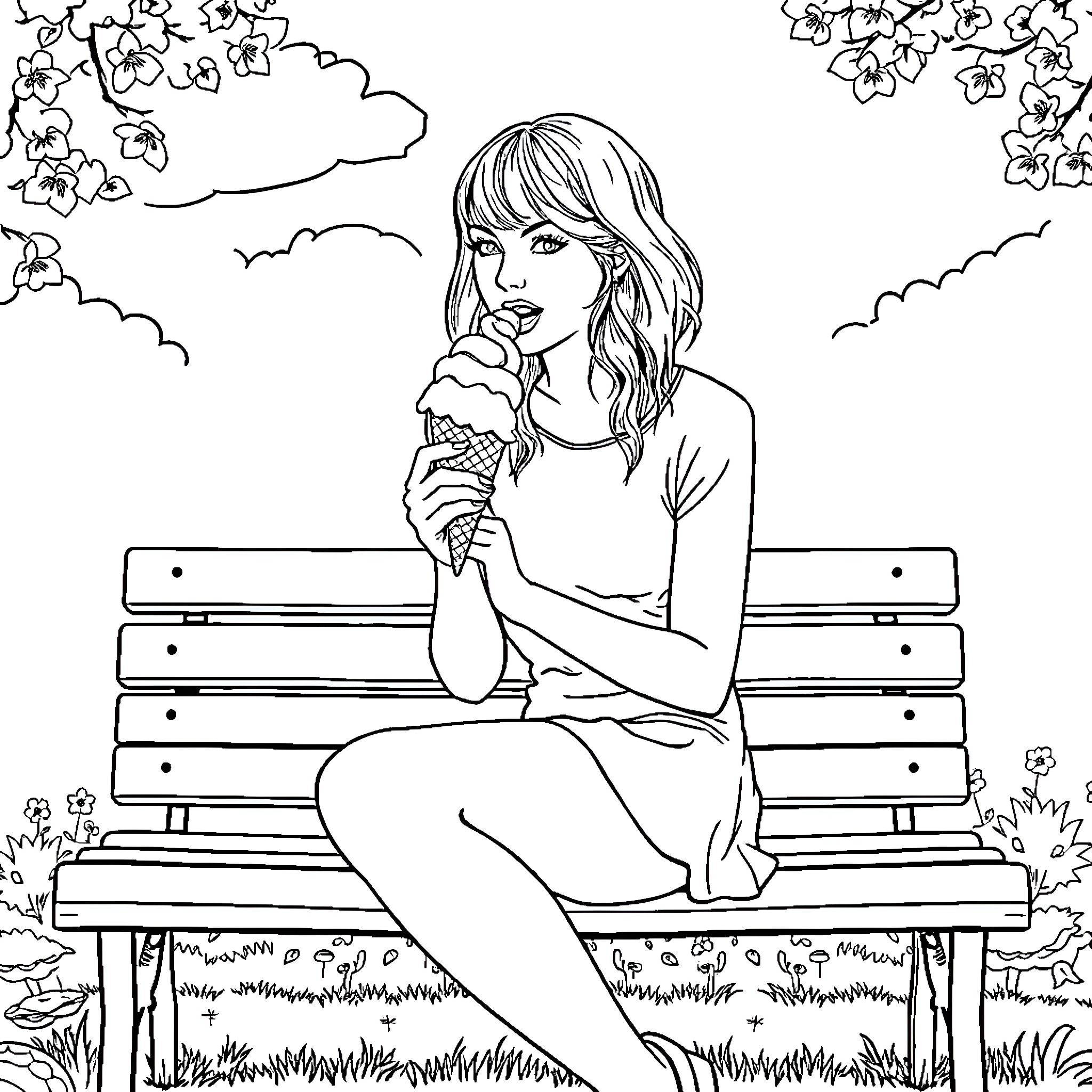 Taylor Swift sitting on a bench with flowers Coloring Page (free black-and-white line drawing printable PDF for all, from beginners to advanced learners, including children, teens, adults, and seniors)