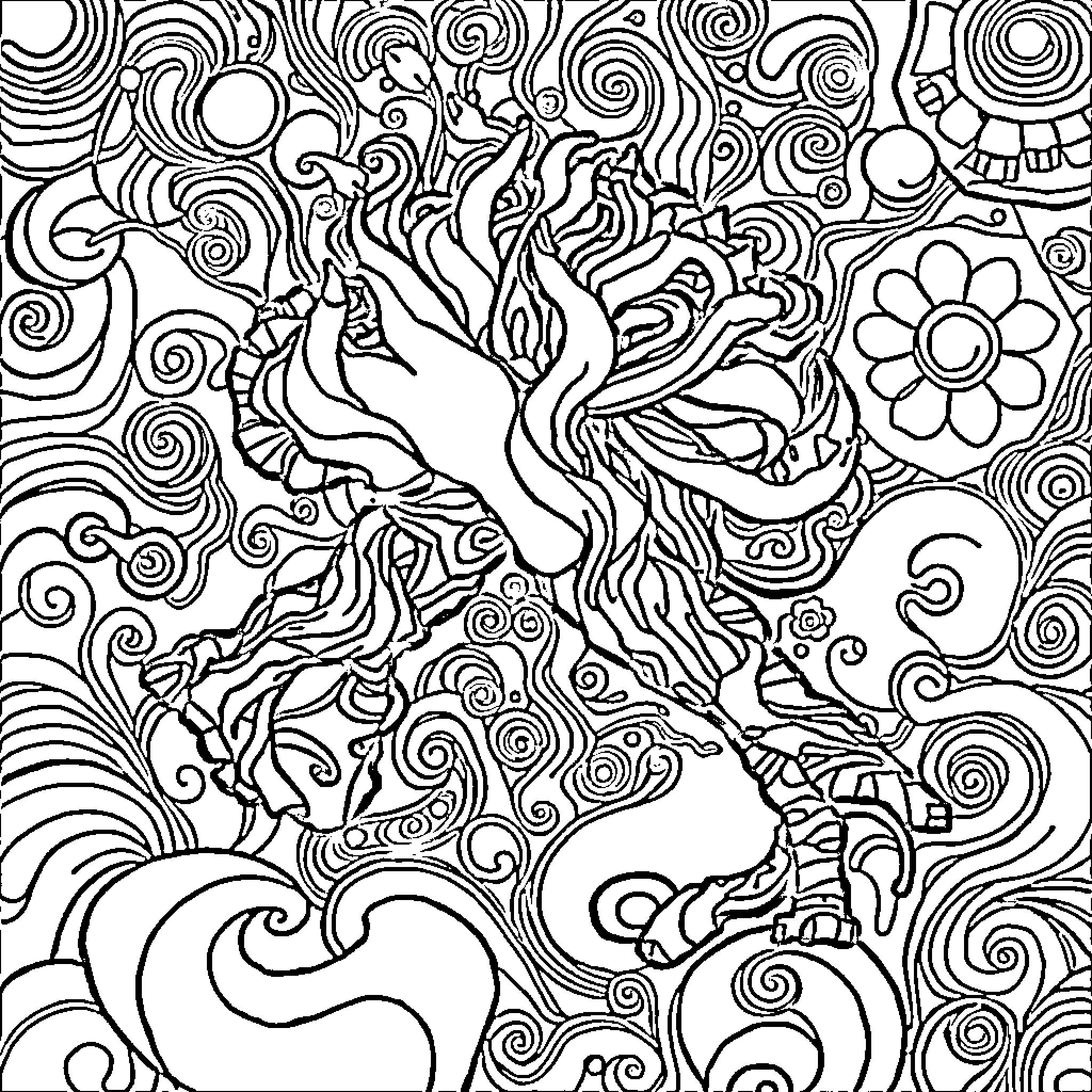 Brainrot: Psychedelic Swirls and Surreal Symbols Coloring Page (free black-and-white line drawing printable PDF for all, from beginners to advanced learners, including children, teens, adults, and seniors)