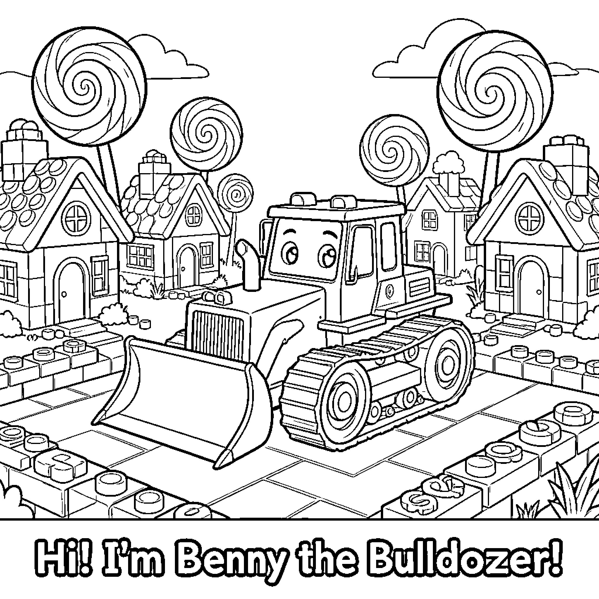 Bulldozer in a Whimsical Toy Town Coloring Page (free black-and-white line drawing printable PDF for all, from beginners to advanced learners, including children, teens, adults, and seniors)