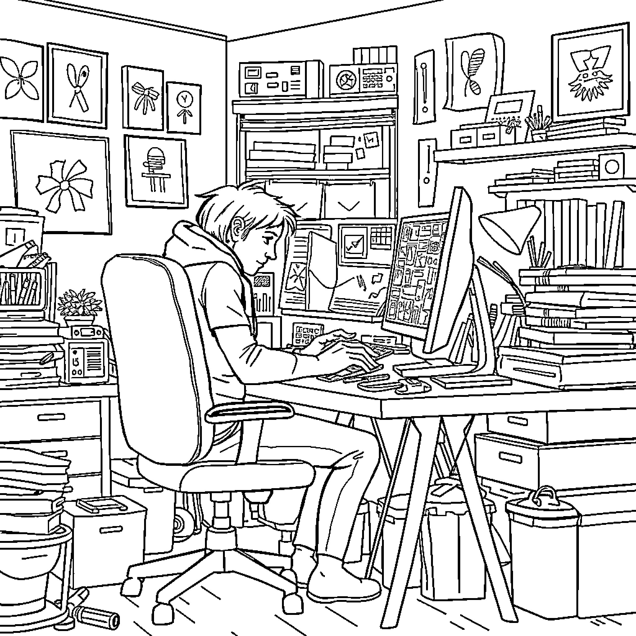 Graphic Designer at Work in Cluttered Studio Coloring Page (free black-and-white line drawing printable PDF for all, from beginners to advanced learners, including children, teens, adults, and seniors)
