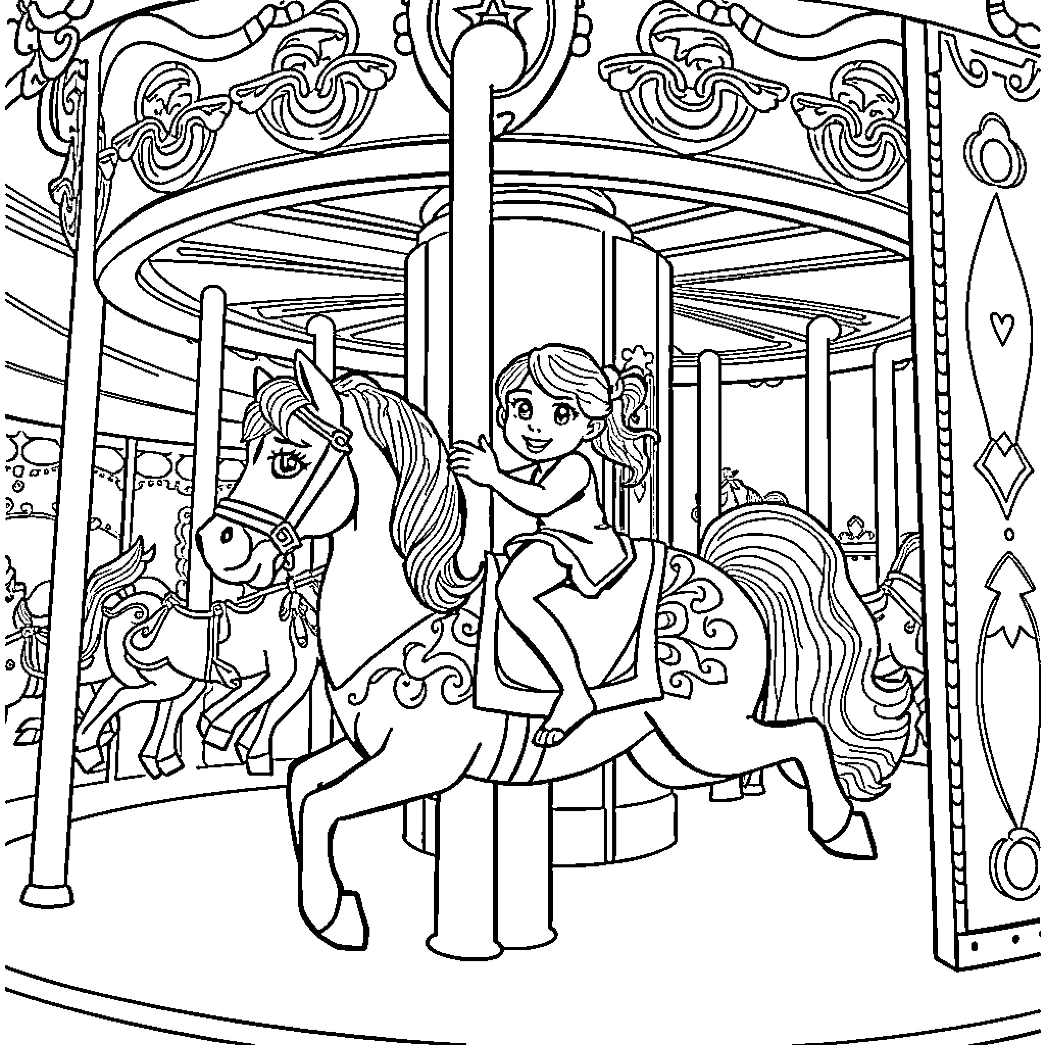 Carousel with Cheerful Riders and Ornate Designs Coloring Page (free black-and-white line drawing printable PDF for all, from beginners to advanced learners, including children, teens, adults, and seniors)