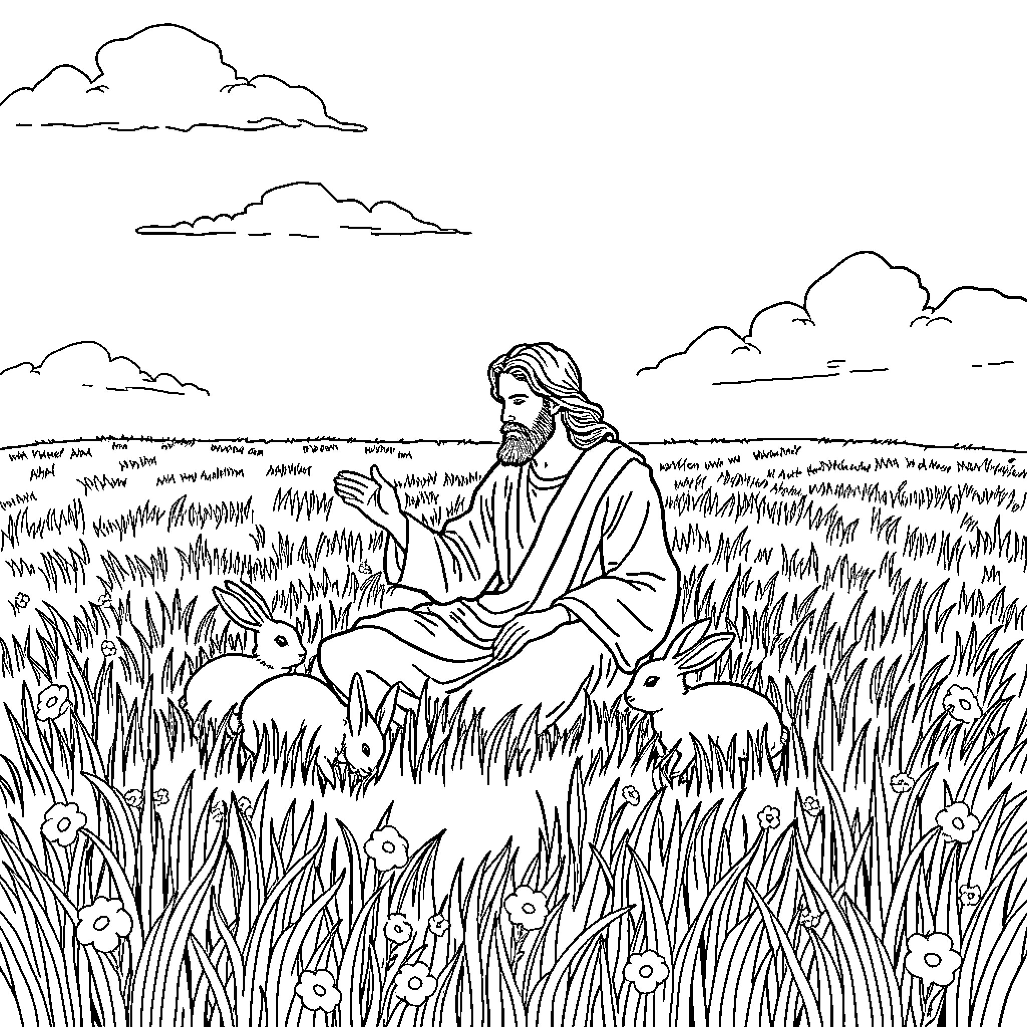 Jesus sitting peacefully with rabbits in the meadow Coloring Page (free black-and-white line drawing printable PDF for all, from beginners to advanced learners, including children, teens, adults, and seniors)