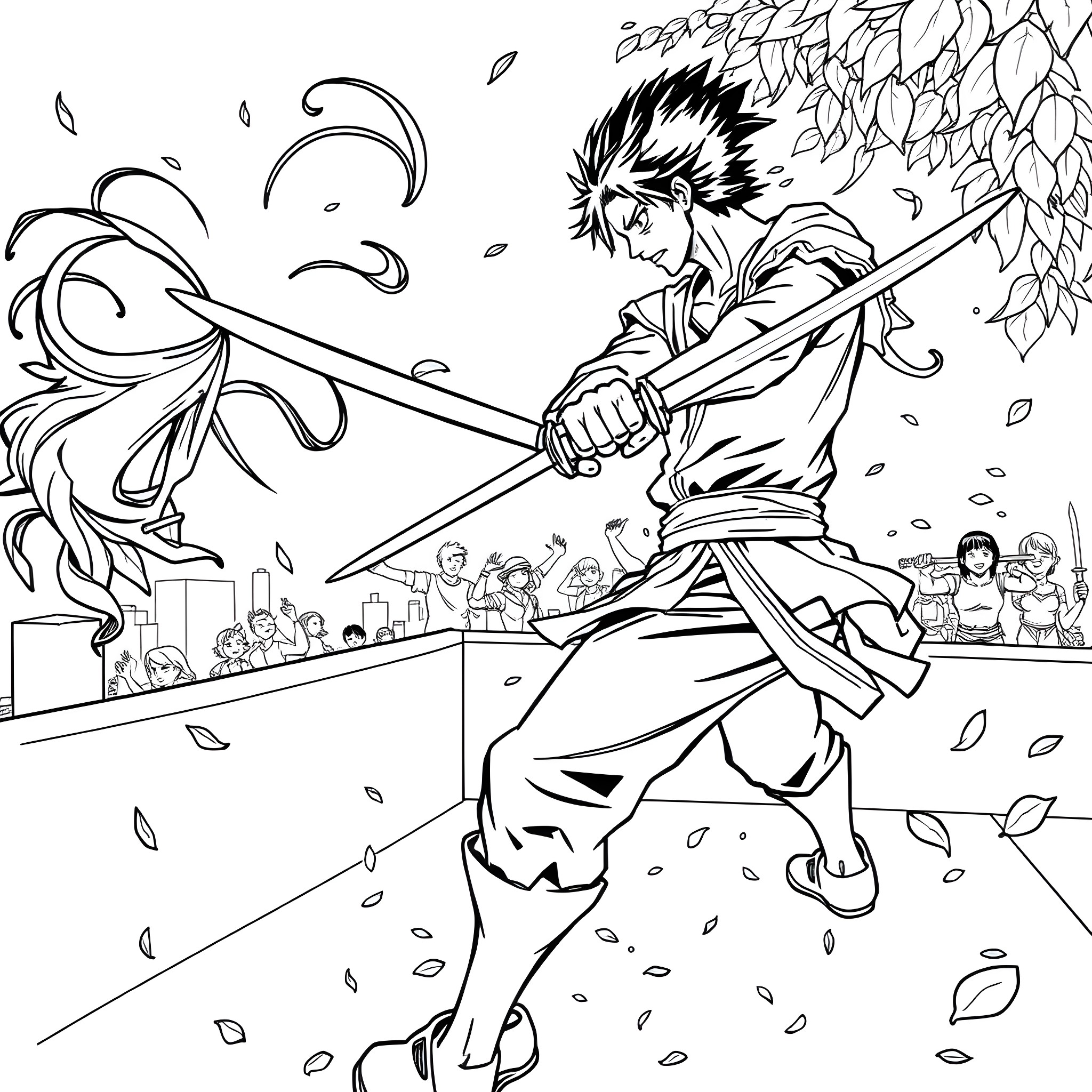 Zoro's Fierce Swordplay in the Whirlwind of Leaves Coloring Page (free black-and-white line drawing printable PDF for all, from beginners to advanced learners, including children, teens, adults, and seniors)
