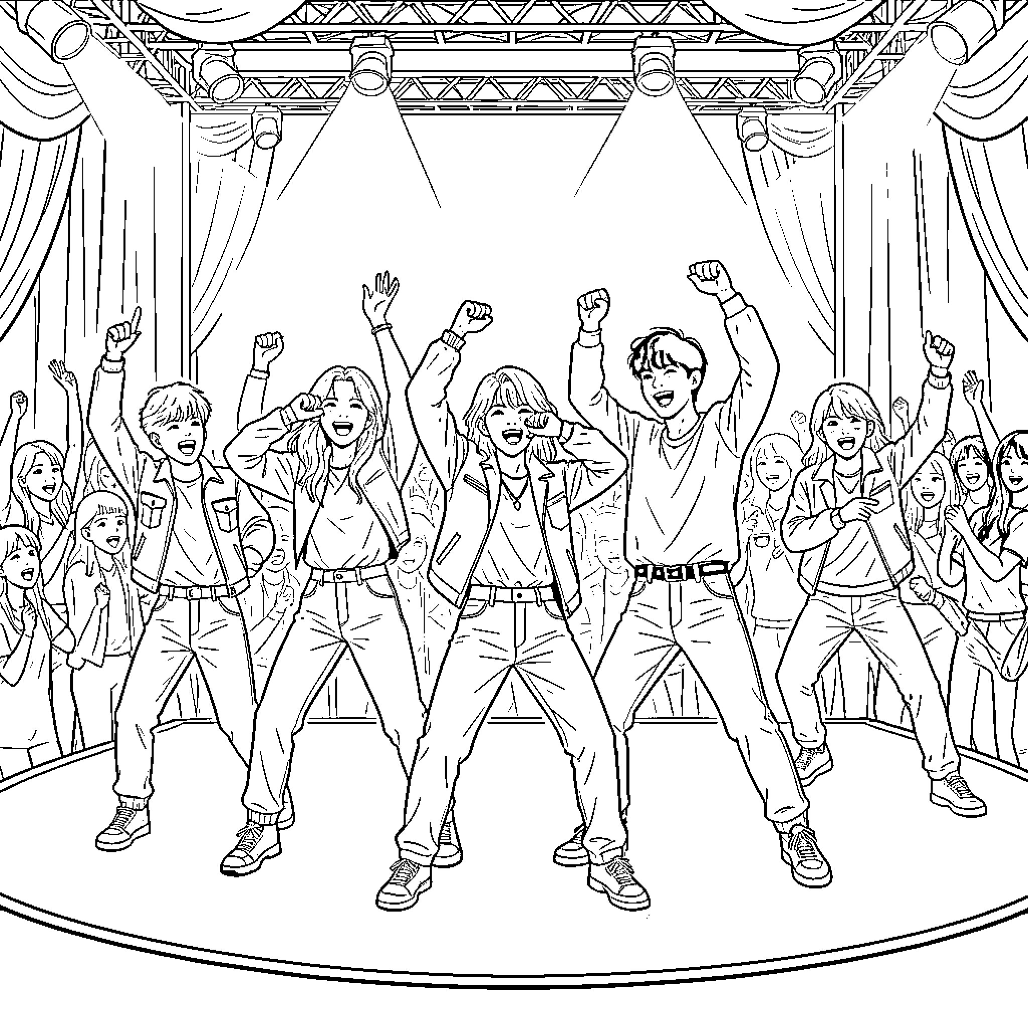 K Pop Warrior group performing energetic dance on stage Coloring Page (free black-and-white line drawing printable PDF for all, from beginners to advanced learners, including children, teens, adults, and seniors)
