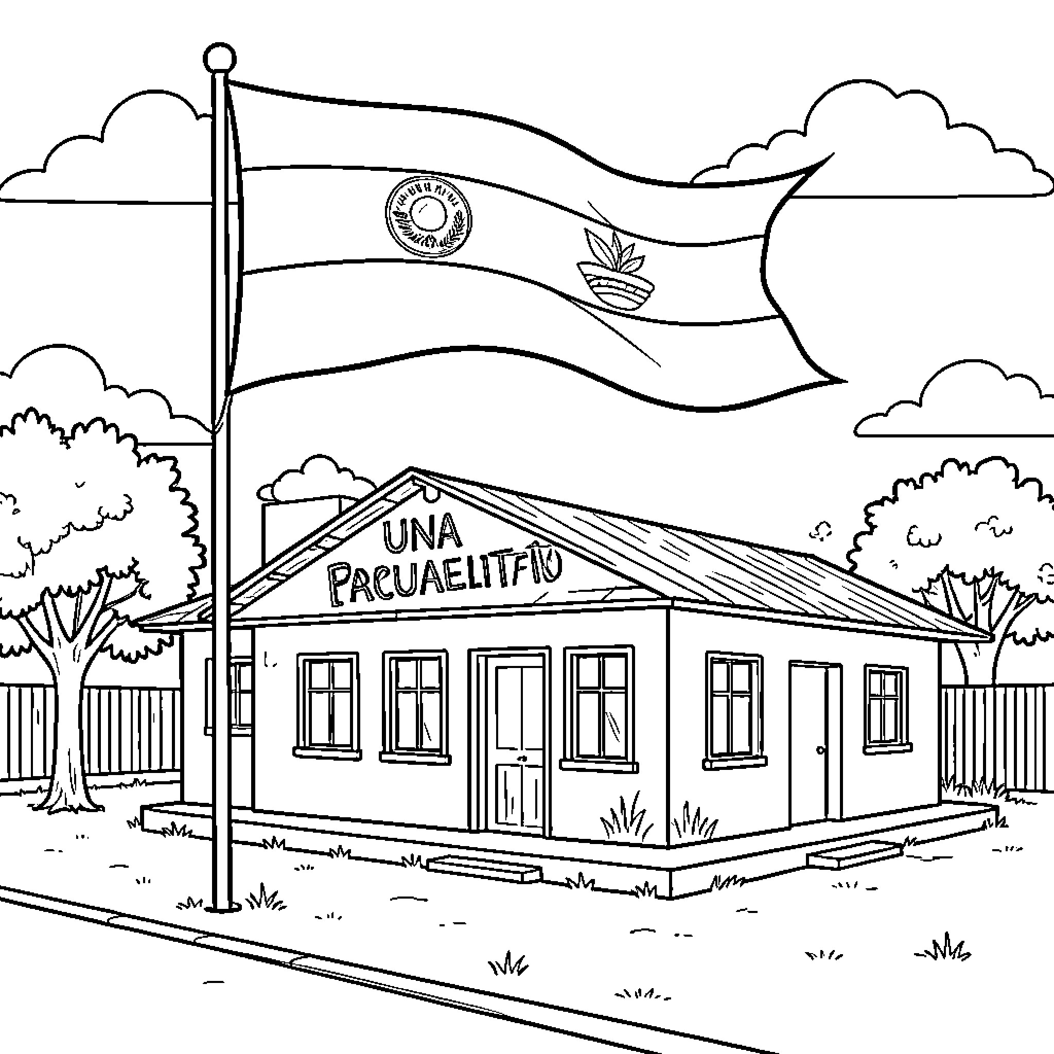 Escuelita with Waving Flag and Scenic Outdoors Coloring Page (free black-and-white line drawing printable PDF for all, from beginners to advanced learners, including children, teens, adults, and seniors)