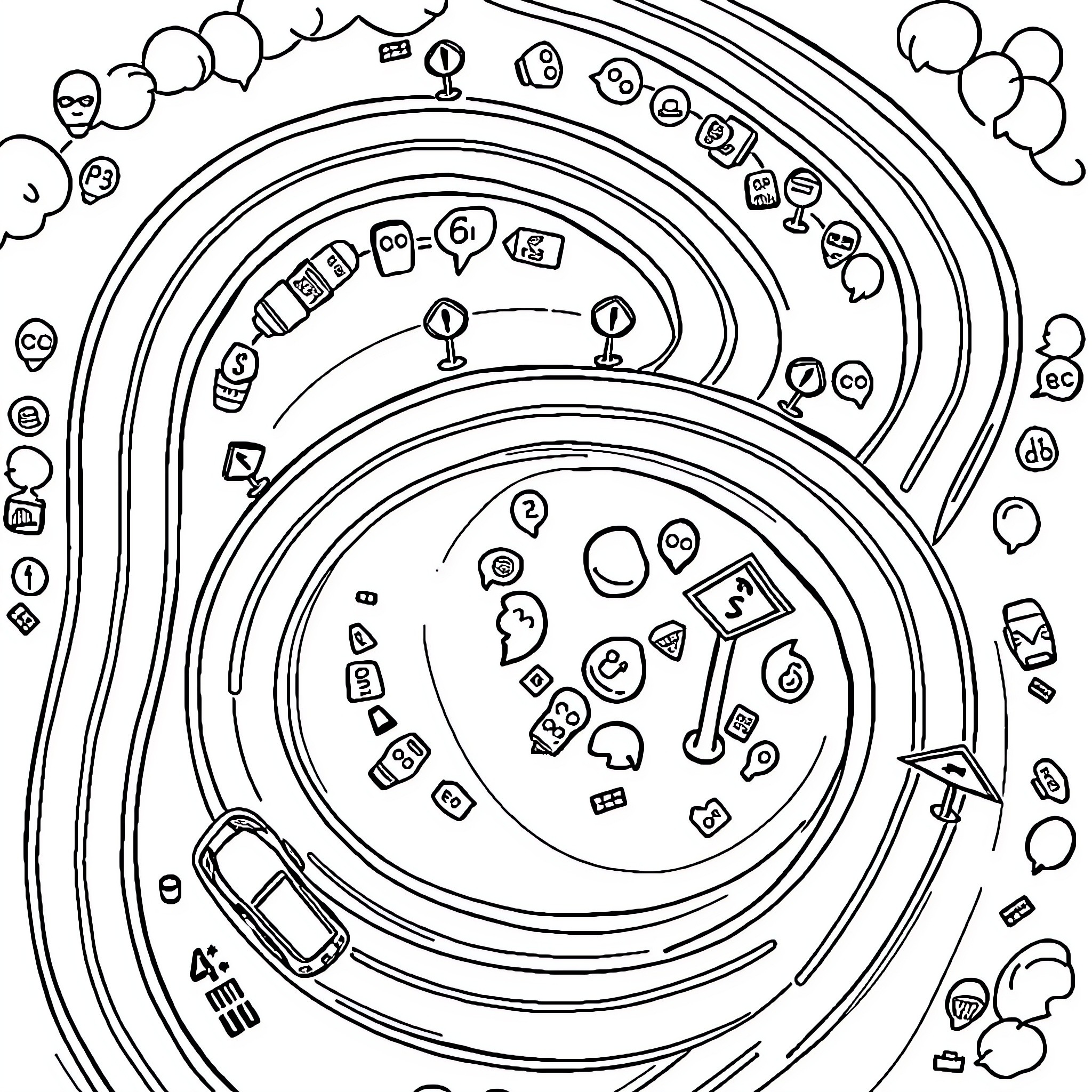 Car Circuit with Geometric Shapes and Icons Coloring Page (free black-and-white line drawing printable PDF for all, from beginners to advanced learners, including children, teens, adults, and seniors)
