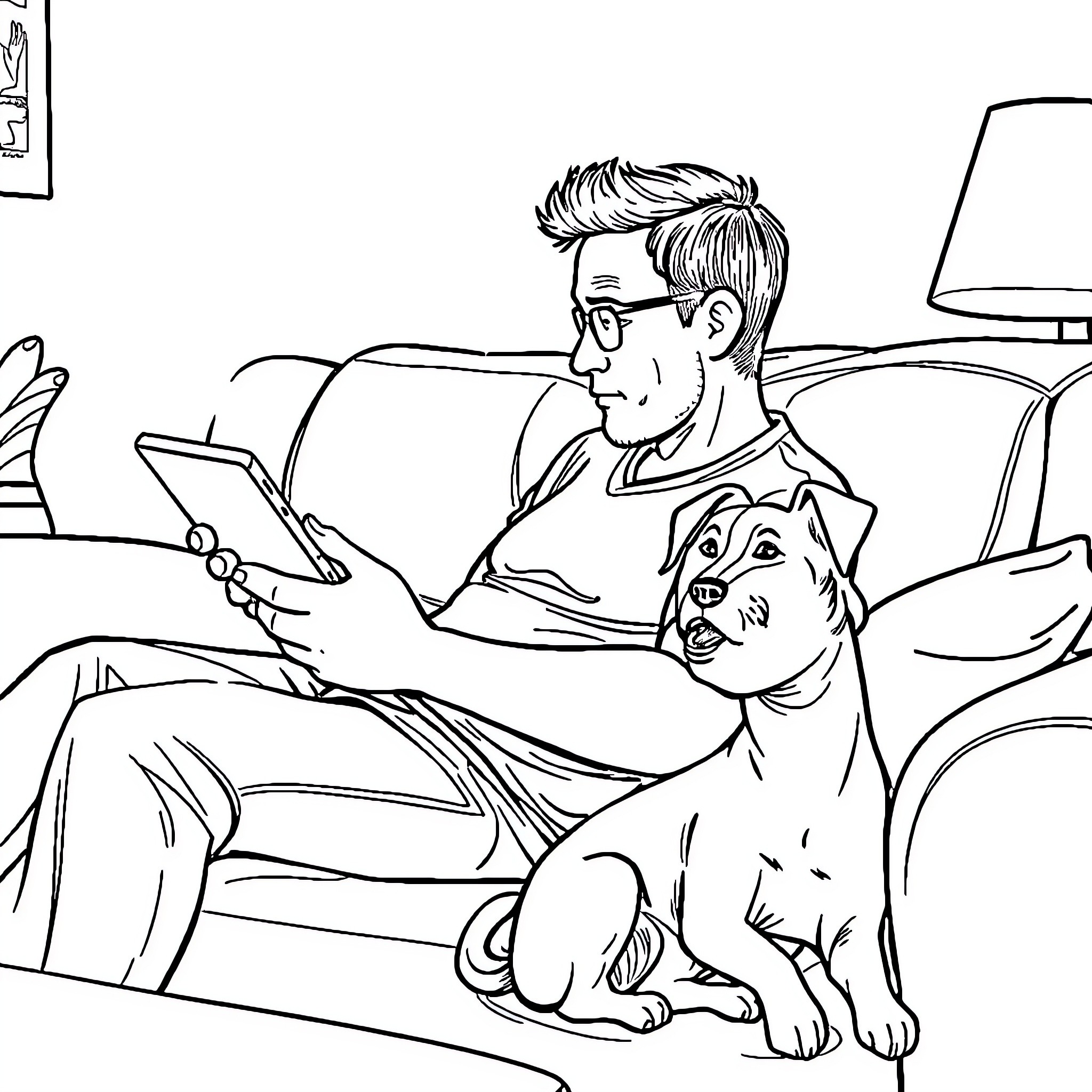 Dad reading with his pet on the couch Coloring Page (free black-and-white line drawing printable PDF for all, from beginners to advanced learners, including children, teens, adults, and seniors)