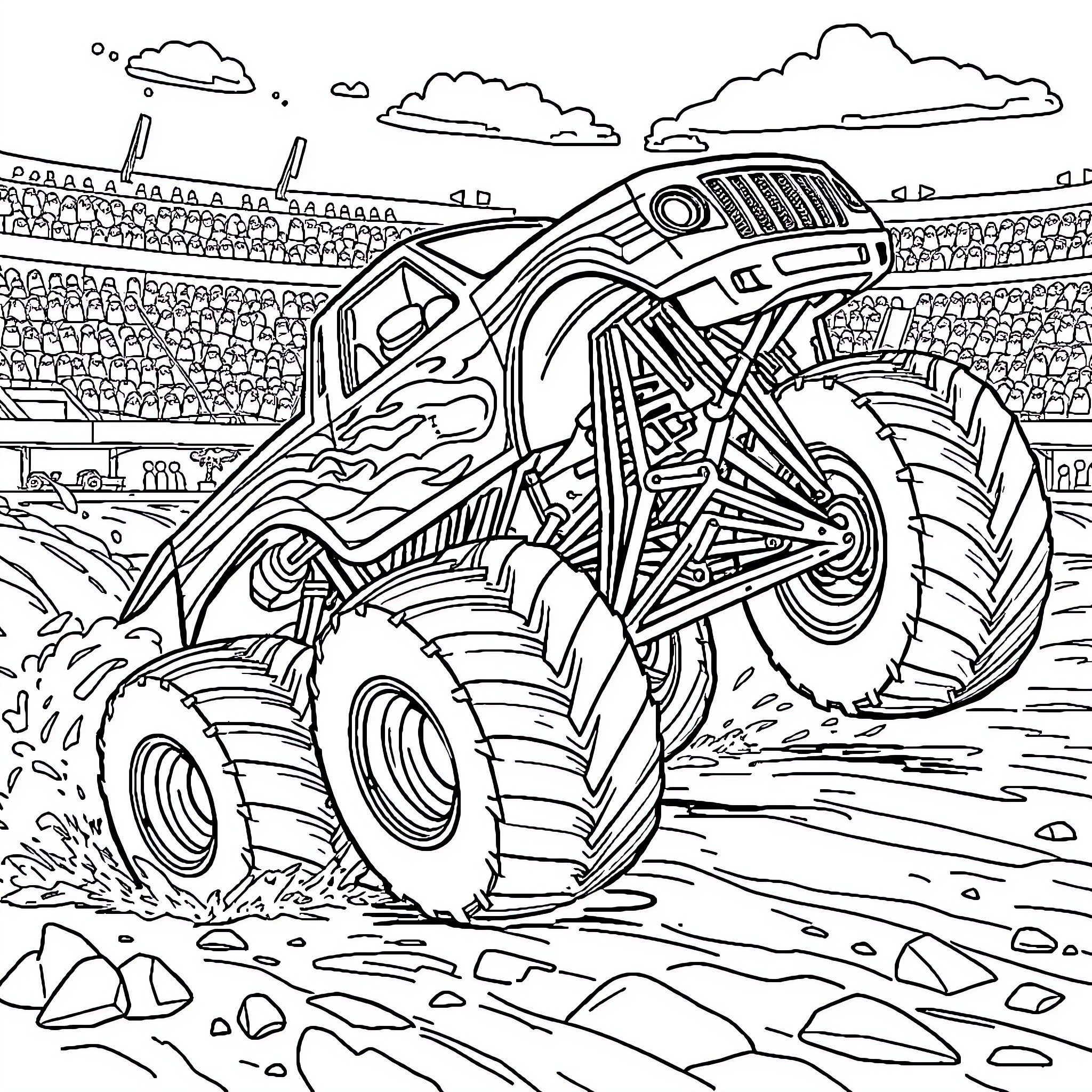 Monster Truck Racing through Rough Terrain Coloring Page (free black-and-white line drawing printable PDF for all, from beginners to advanced learners, including children, teens, adults, and seniors)