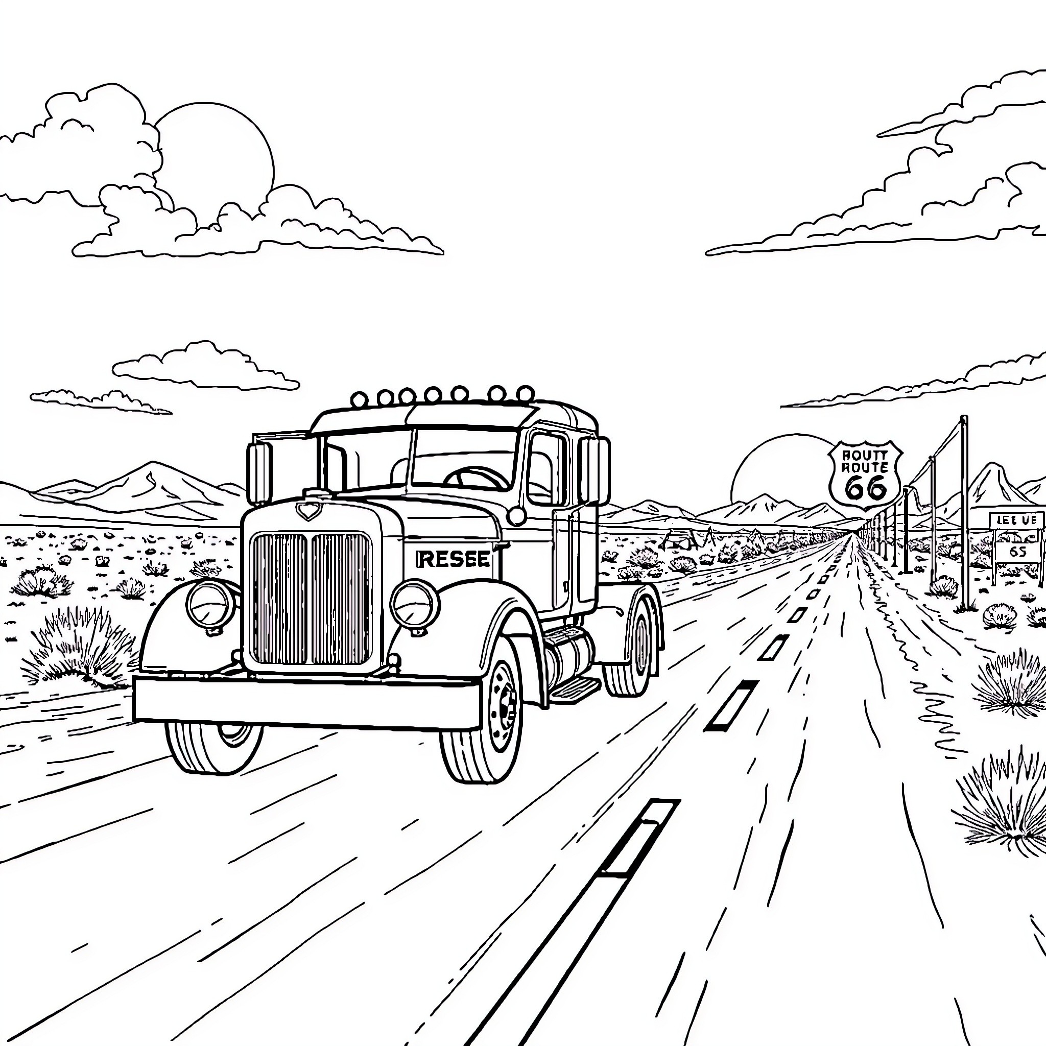 Truck driving on the highway through the desert landscape Coloring Page (free black-and-white line drawing printable PDF for all, from beginners to advanced learners, including children, teens, adults, and seniors)