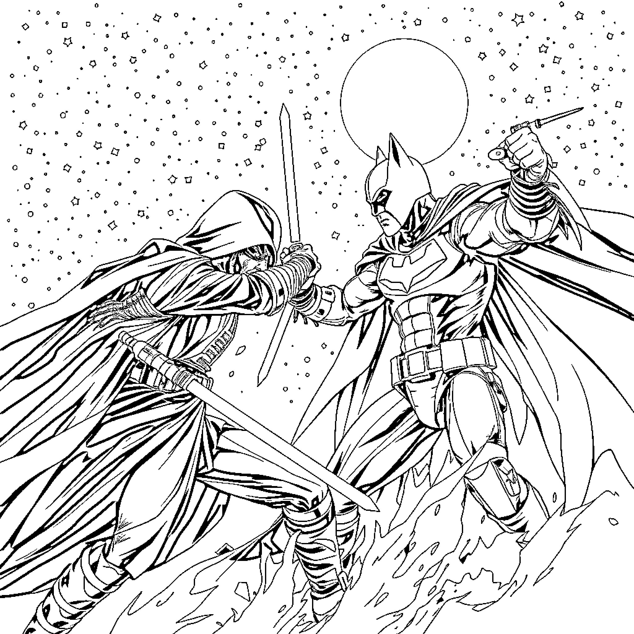 Kylo Ren's Fierce Battle in the Snowy Landscape Coloring Page (free black-and-white line drawing printable PDF for all, from beginners to advanced learners, including children, teens, adults, and seniors)