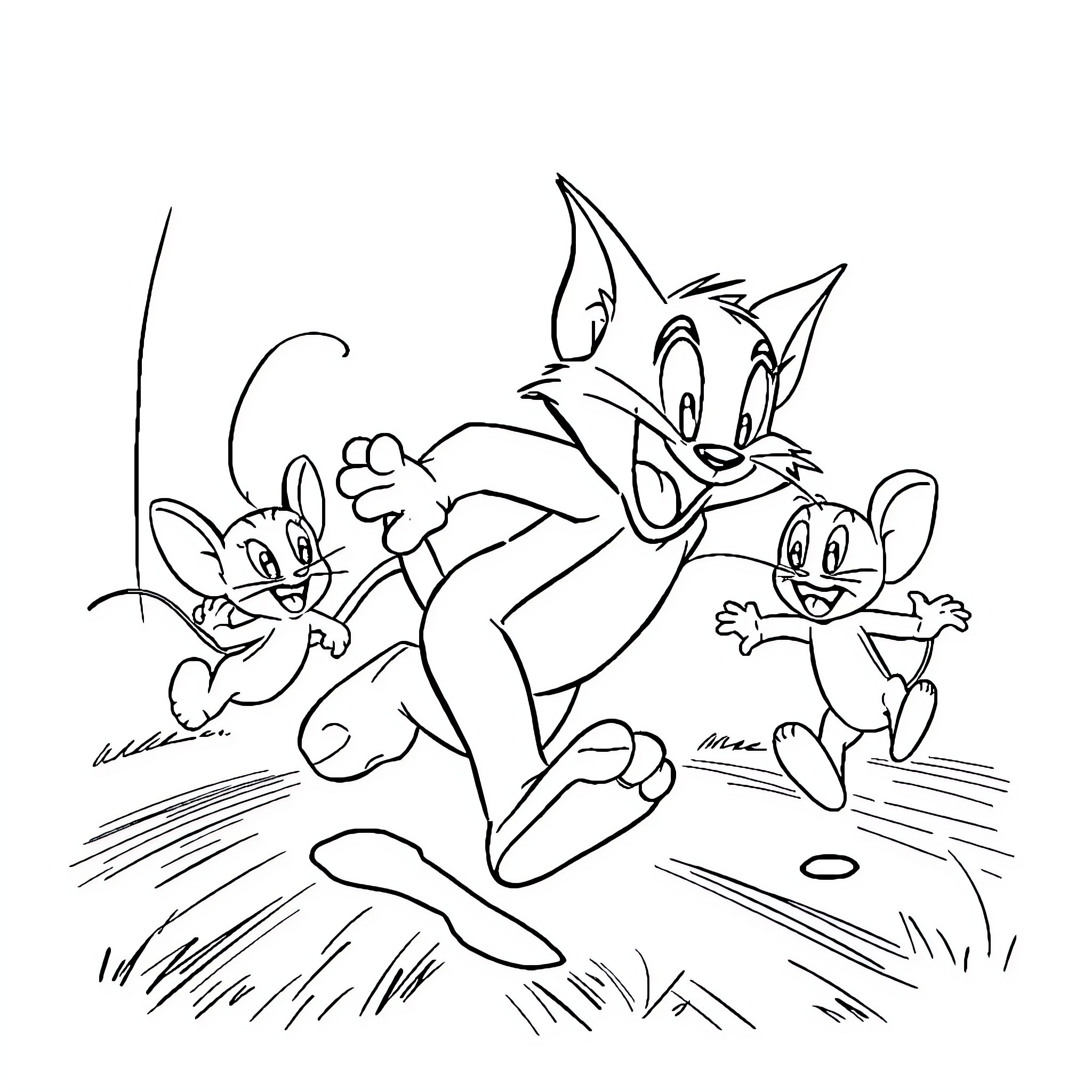 Tom and Jerry chasing each other in the field Coloring Page (free black-and-white line drawing printable PDF for all, from beginners to advanced learners, including children, teens, adults, and seniors)