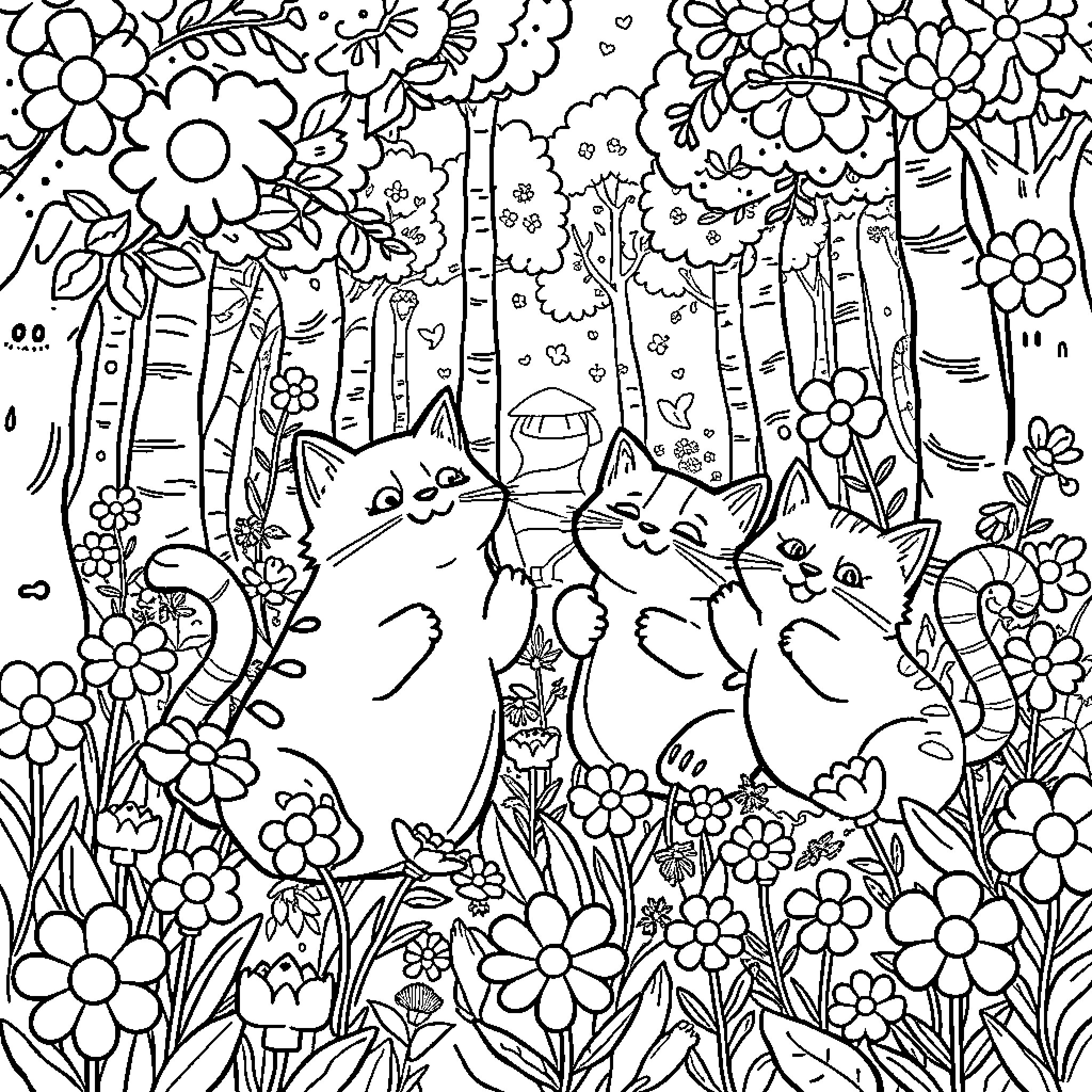 Cats playing in a floral garden Coloring Page (free black-and-white line drawing printable PDF for all, from beginners to advanced learners, including children, teens, adults, and seniors)