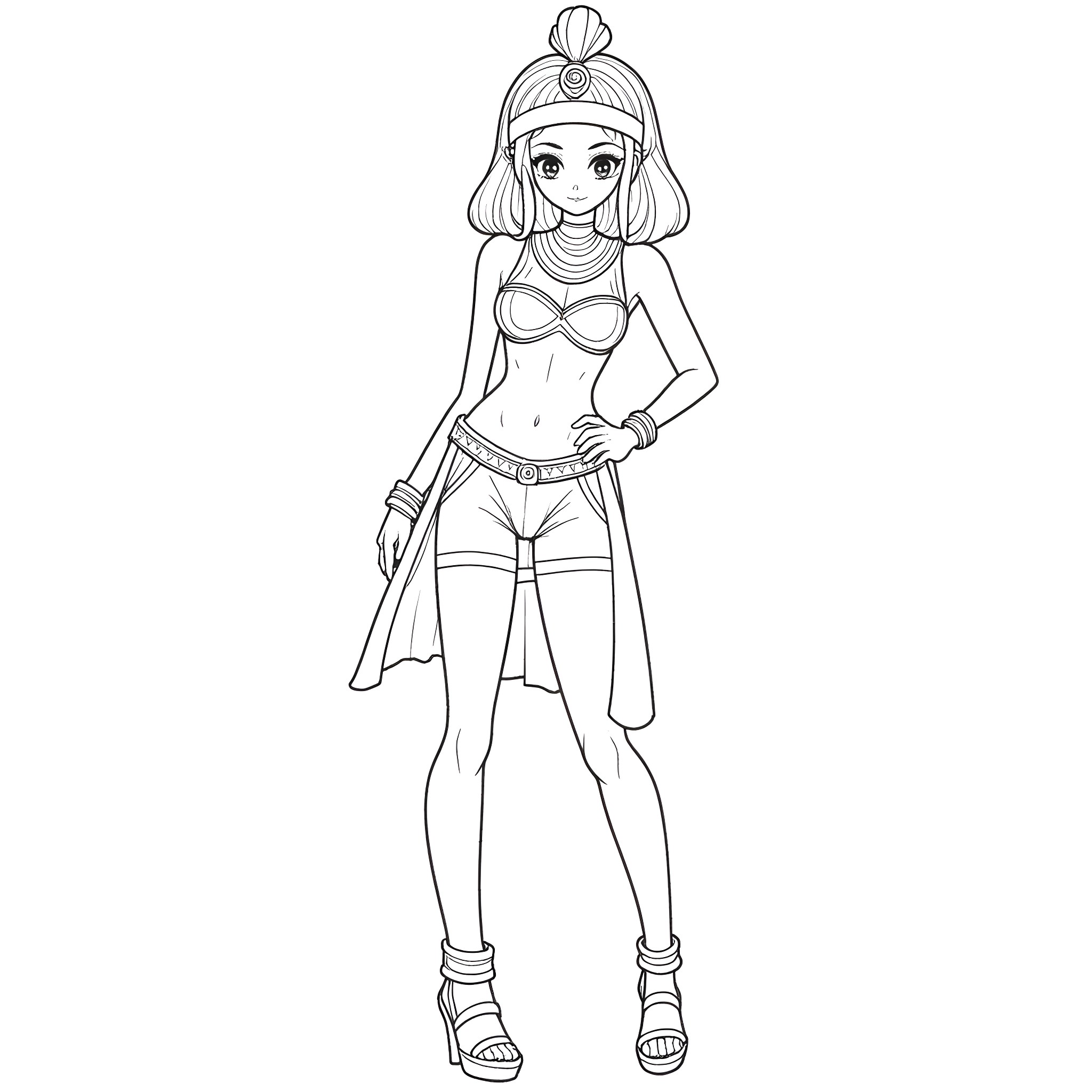 Anime Girl in Adventurous Attire Coloring Page (free black-and-white line drawing printable PDF for all, from beginners to advanced learners, including children, teens, adults, and seniors)