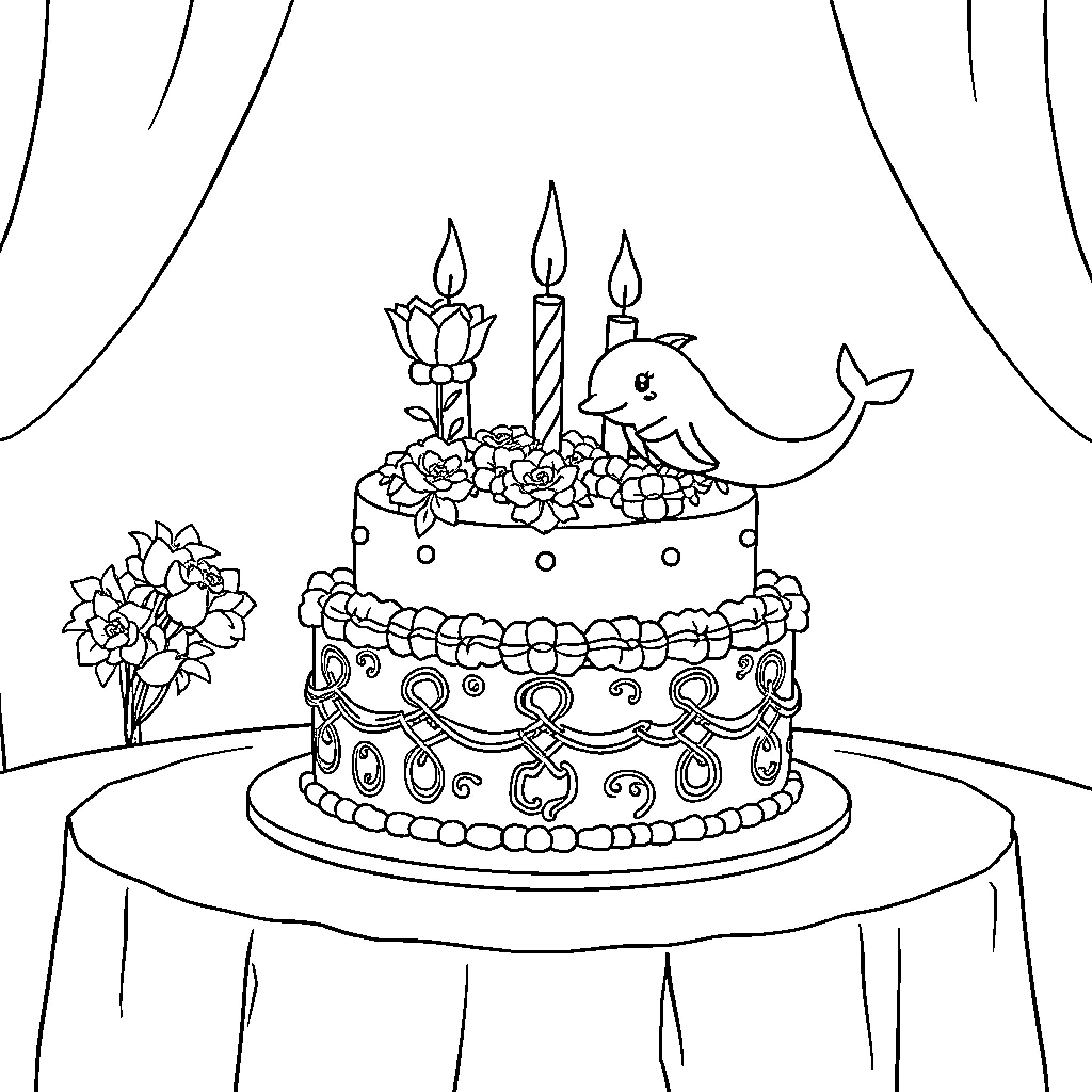 Cake with Decorative Elephant and Candles Coloring Page (free black-and-white line drawing printable PDF for all, from beginners to advanced learners, including children, teens, adults, and seniors)