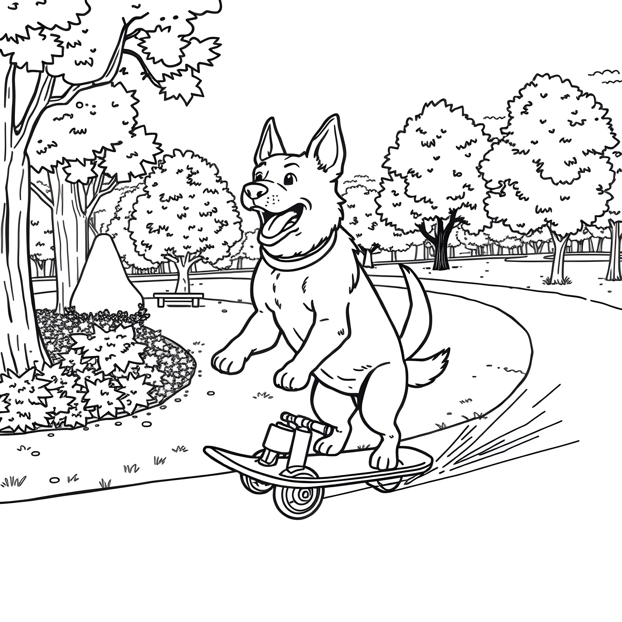 Dog riding skateboard in the park Coloring Page (free black-and-white line drawing printable PDF for all, from beginners to advanced learners, including children, teens, adults, and seniors)
