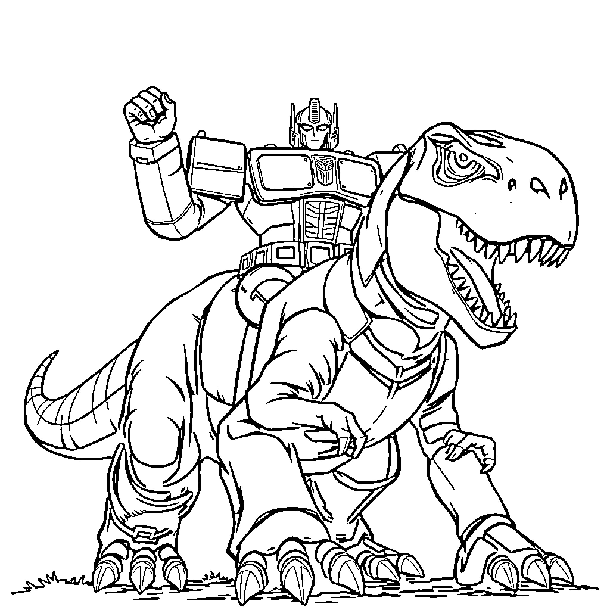 Optimus Prime riding a fearsome prehistoric beast Coloring Page (free black-and-white line drawing printable PDF for all, from beginners to advanced learners, including children, teens, adults, and seniors)