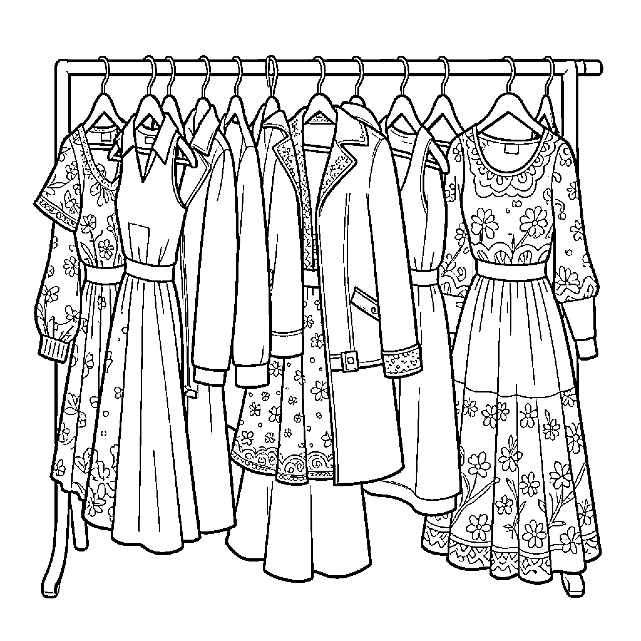 Clothes hanging neatly on a wardrobe rack Coloring Page (free black-and-white line drawing printable PDF for all, from beginners to advanced learners, including children, teens, adults, and seniors)