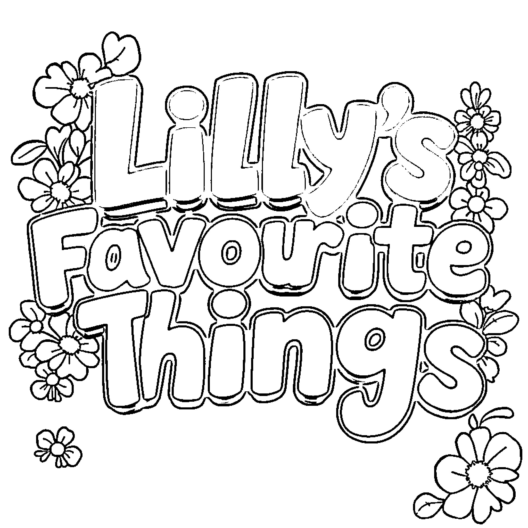 Lilly's Favorite Things Coloring Page (free black-and-white line drawing printable PDF for all, from beginners to advanced learners, including children, teens, adults, and seniors)