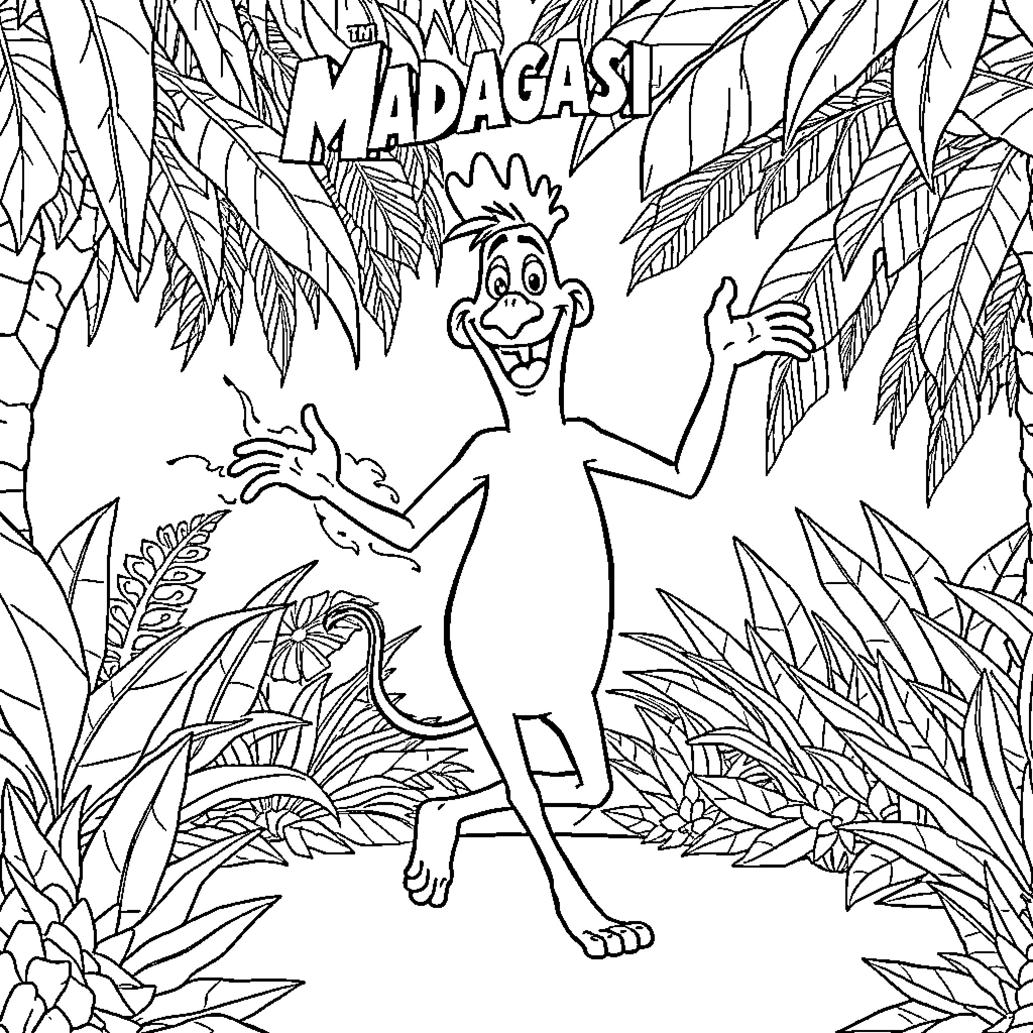 Alex enjoying the tropical wildlife in Madagascar Coloring Page (free black-and-white line drawing printable PDF for all, from beginners to advanced learners, including children, teens, adults, and seniors)