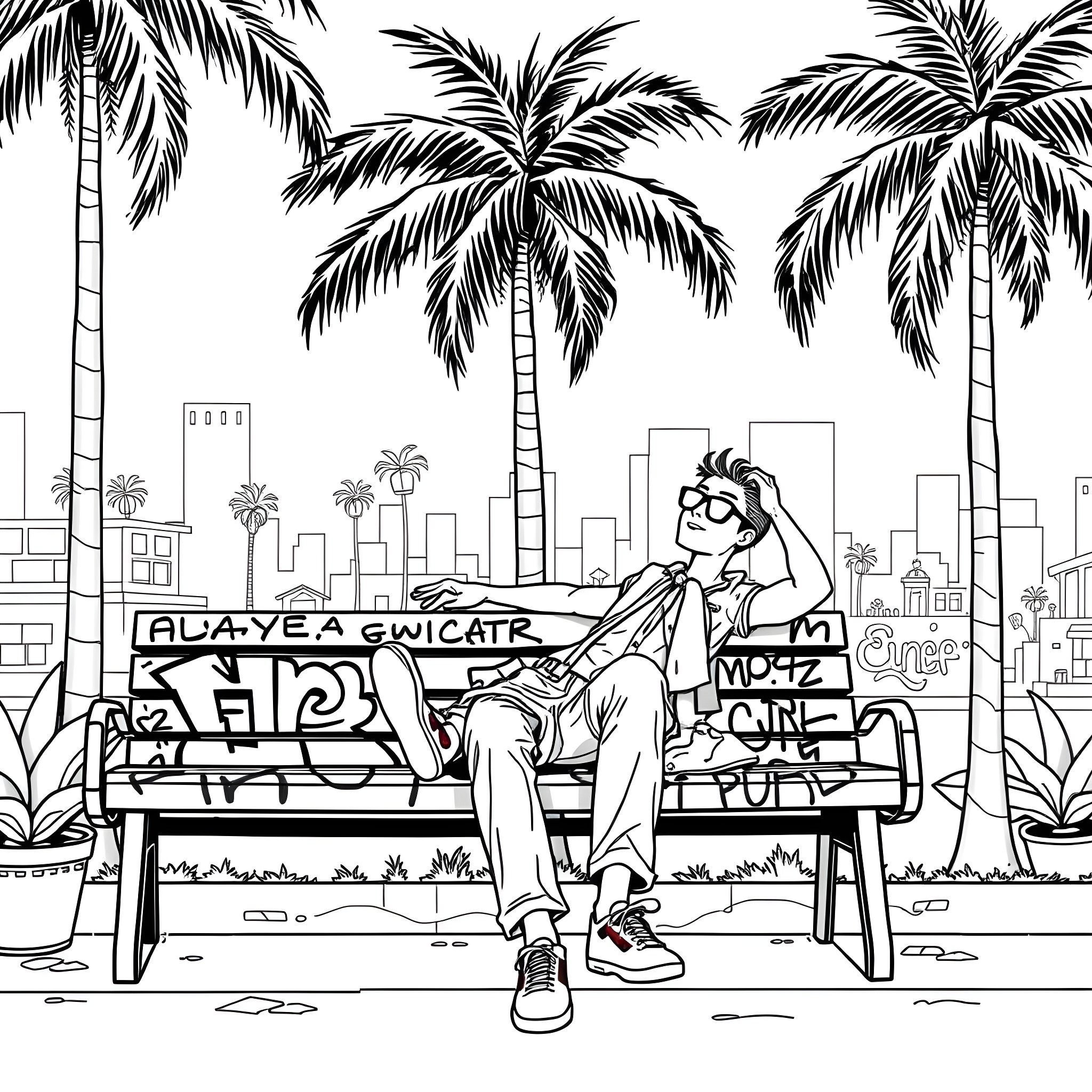 Stoner relaxing on park bench amid urban landscape Coloring Page (free black-and-white line drawing printable PDF for all, from beginners to advanced learners, including children, teens, adults, and seniors)