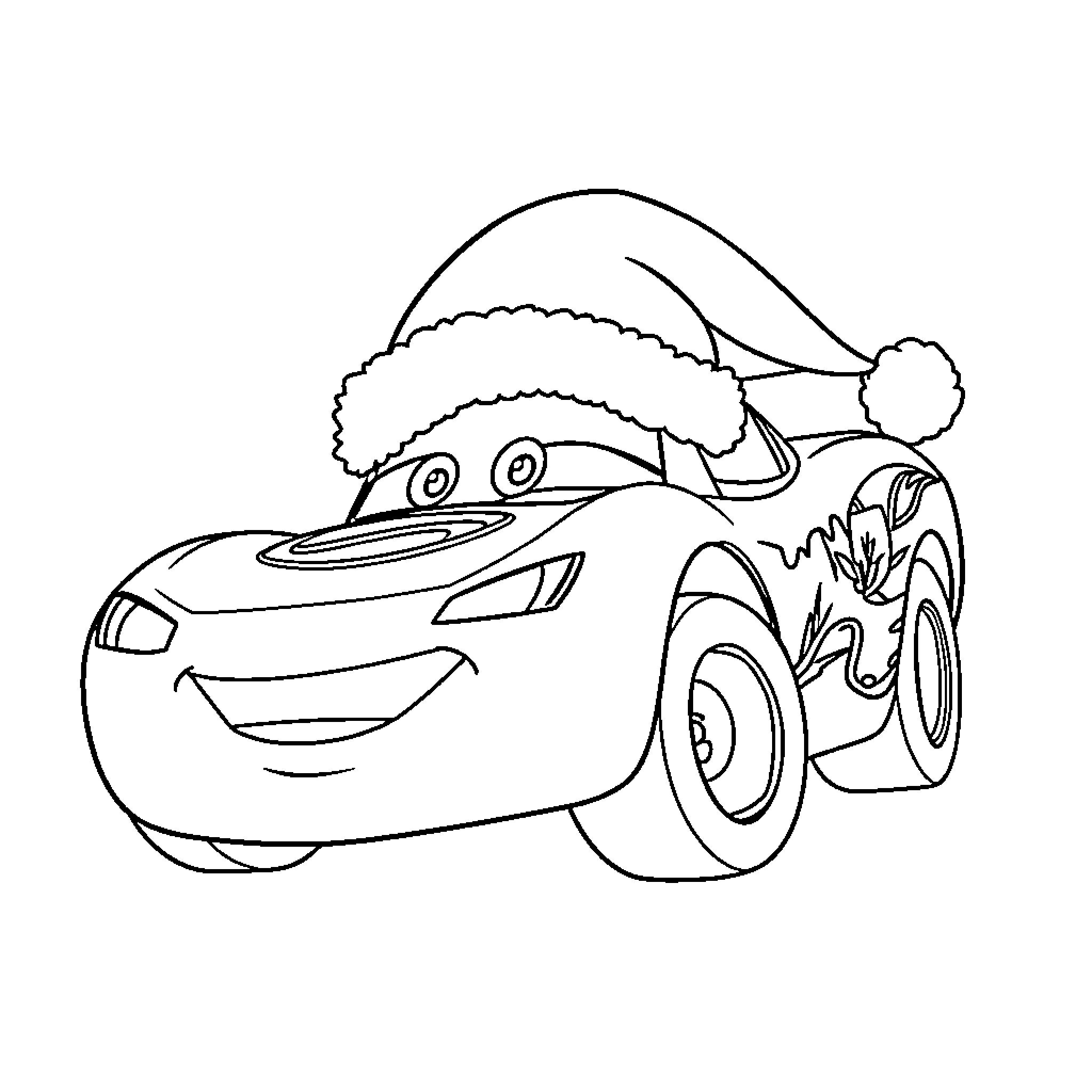 Lightning McQueen wearing a Santa hat Coloring Page (free black-and-white line drawing printable PDF for all, from beginners to advanced learners, including children, teens, adults, and seniors)