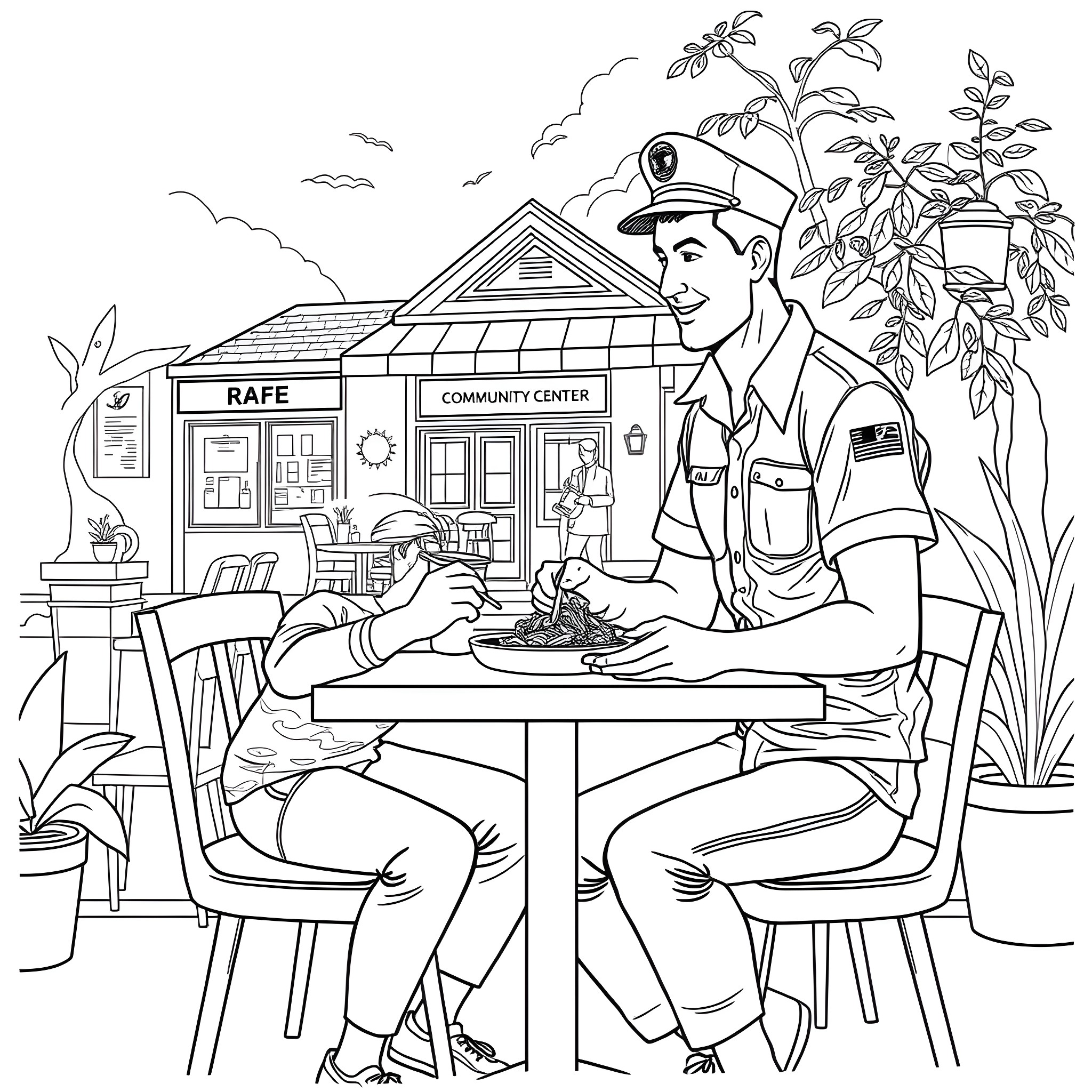 Husband assisting community at RAFE center Coloring Page (free black-and-white line drawing printable PDF for all, from beginners to advanced learners, including children, teens, adults, and seniors)