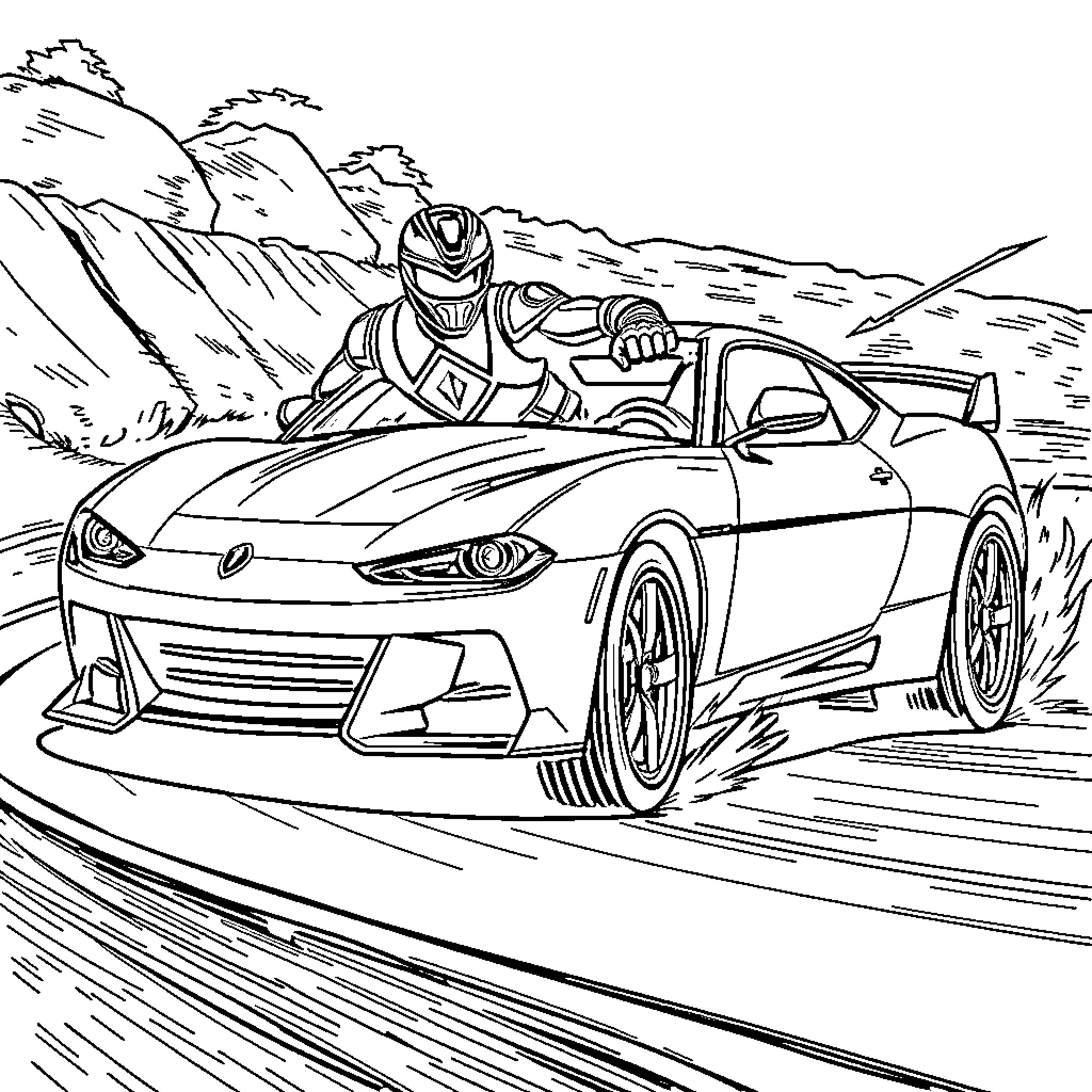 Power Ranger Chasing High-Speed Vehicle in Rugged Terrain Coloring Page (free black-and-white line drawing printable PDF for all, from beginners to advanced learners, including children, teens, adults, and seniors)