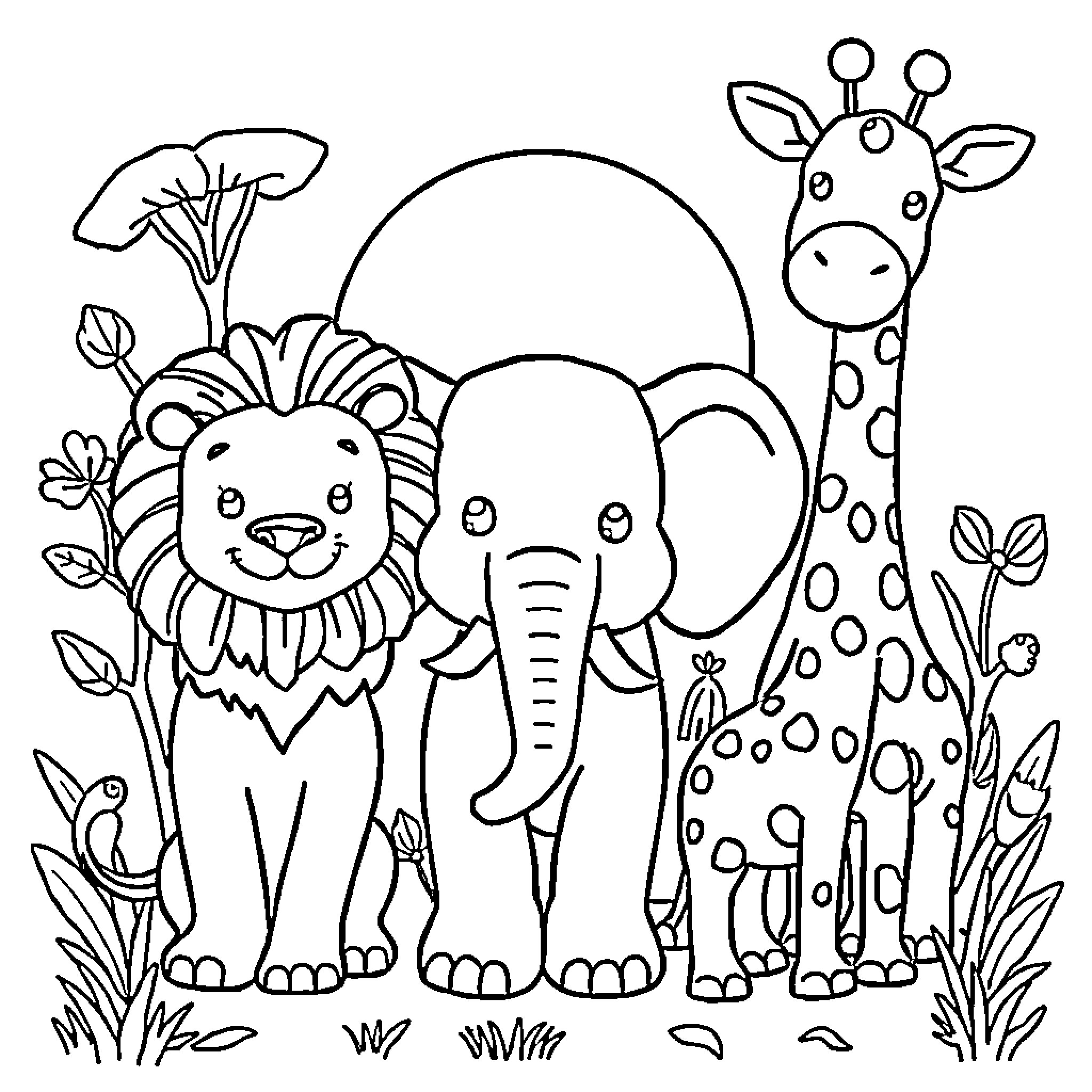 Safari Animal Characters in Cartoon Jungle Scene Coloring Page (free black-and-white line drawing printable PDF for all, from beginners to advanced learners, including children, teens, adults, and seniors)