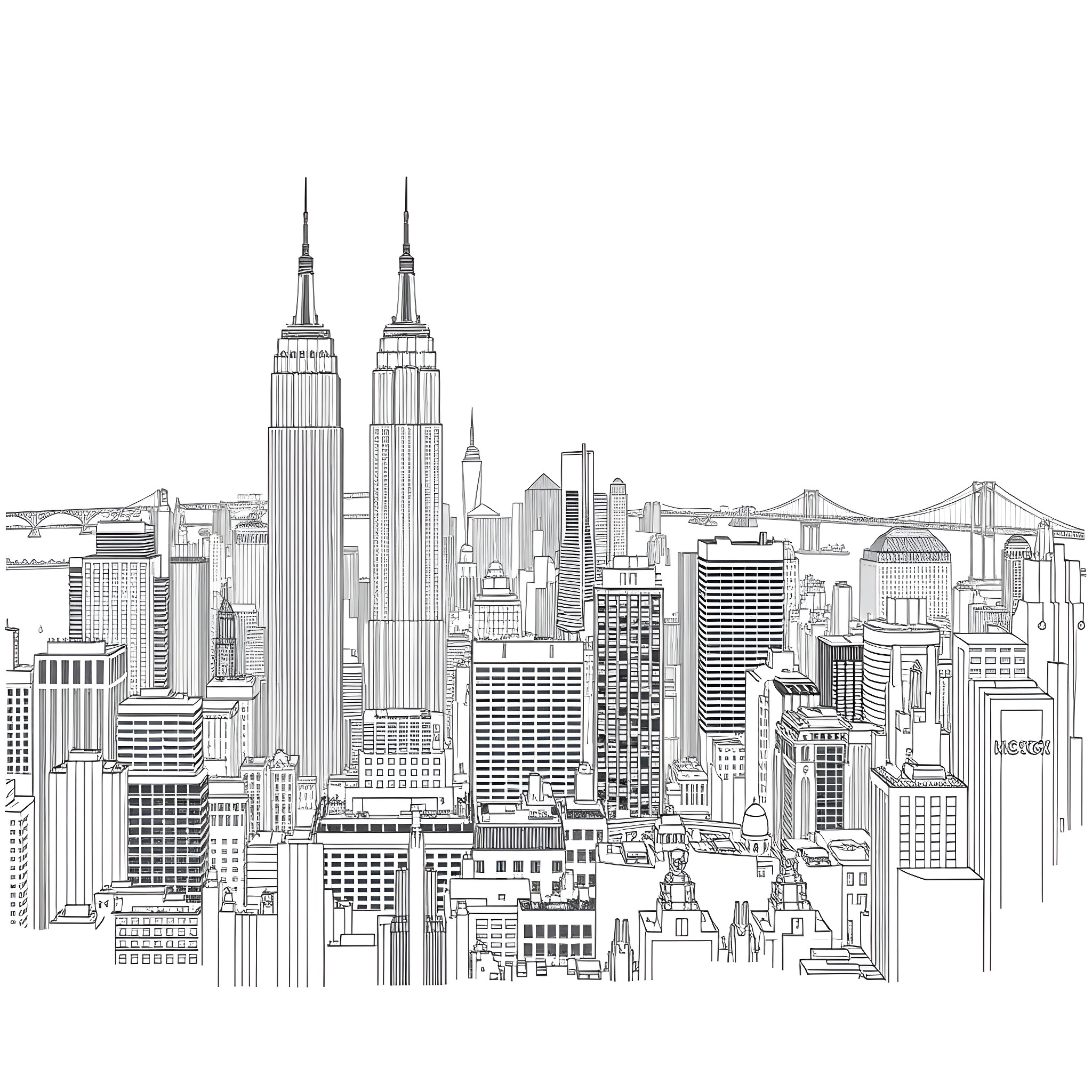 New York City skyline with skyscrapers and landmarks Coloring Page (free black-and-white line drawing printable PDF for all, from beginners to advanced learners, including children, teens, adults, and seniors)