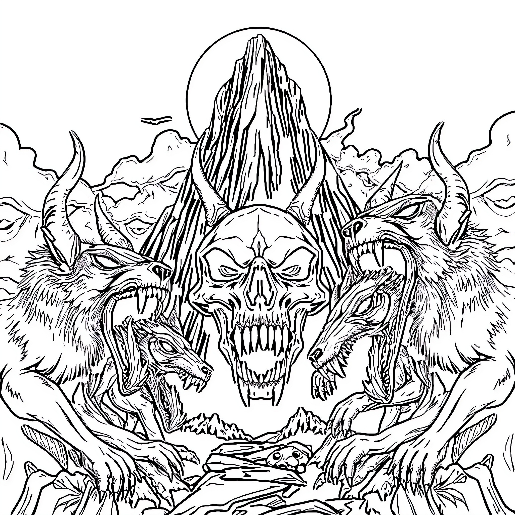 Skull Creatures Emerging from Dark Landscape Coloring Page (free black-and-white line drawing printable PDF for all, from beginners to advanced learners, including children, teens, adults, and seniors)