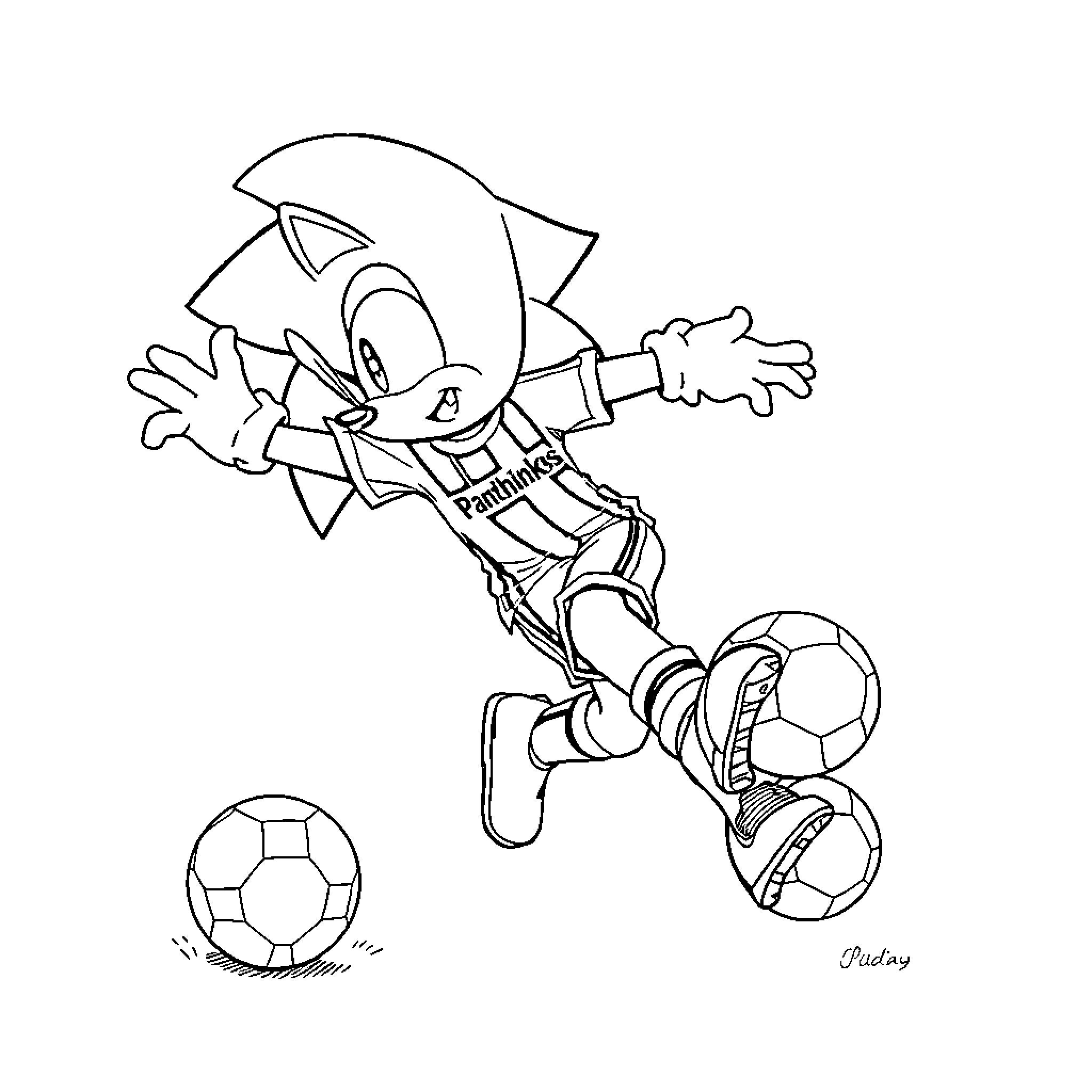 Sonic playing soccer and kicking a ball Coloring Page (free black-and-white line drawing printable PDF for all, from beginners to advanced learners, including children, teens, adults, and seniors)
