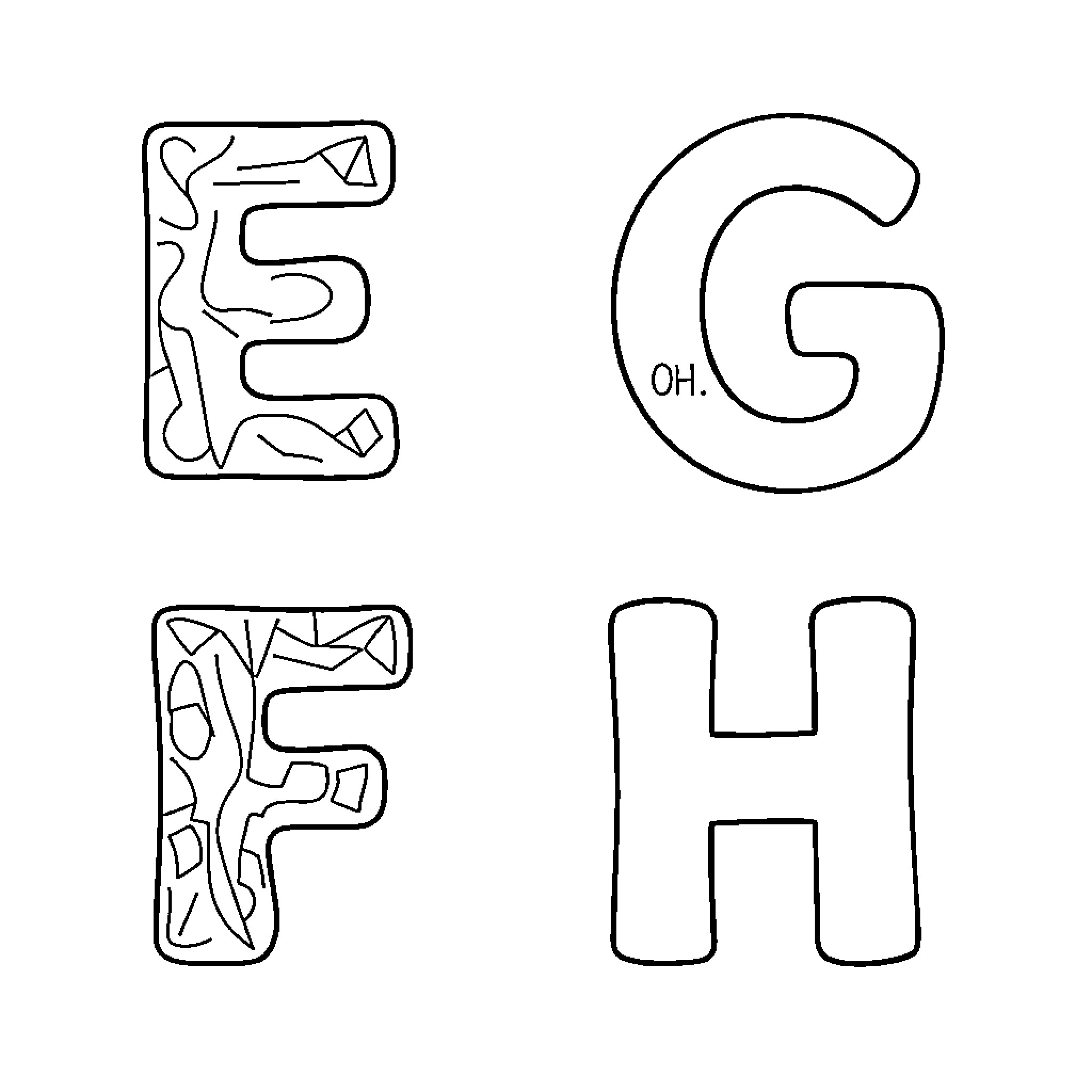 Letter designs with simple outlines Coloring Page (free black-and-white line drawing printable PDF for all, from beginners to advanced learners, including children, teens, adults, and seniors)