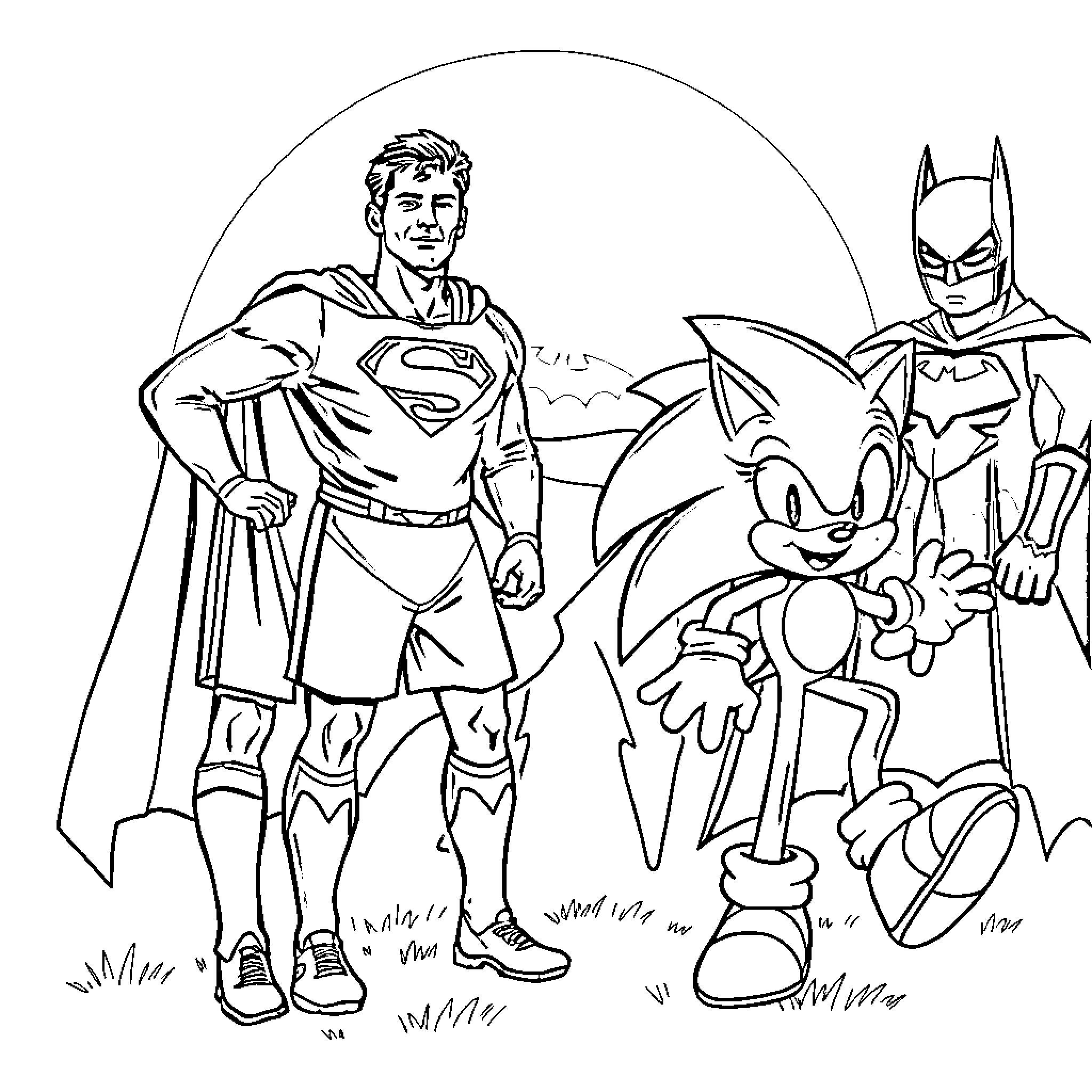 Ronaldo with superhero companions in action-filled scene Coloring Page (free black-and-white line drawing printable PDF for all, from beginners to advanced learners, including children, teens, adults, and seniors)