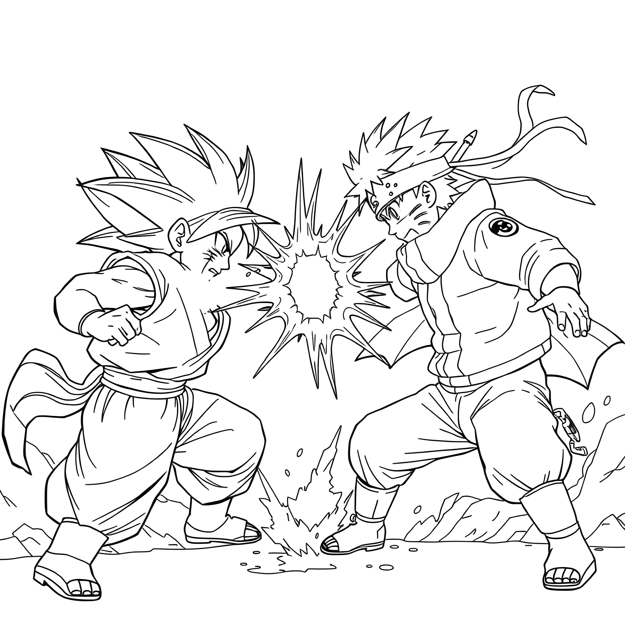 Goku and Vegeta in an intense battle Coloring Page (free black-and-white line drawing printable PDF for all, from beginners to advanced learners, including children, teens, adults, and seniors)