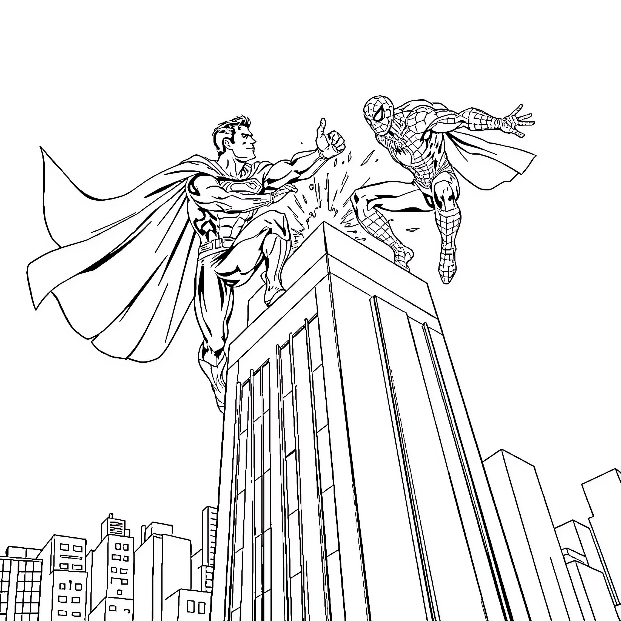 Superman battling a villain atop a skyscraper Coloring Page (free black-and-white line drawing printable PDF for all, from beginners to advanced learners, including children, teens, adults, and seniors)
