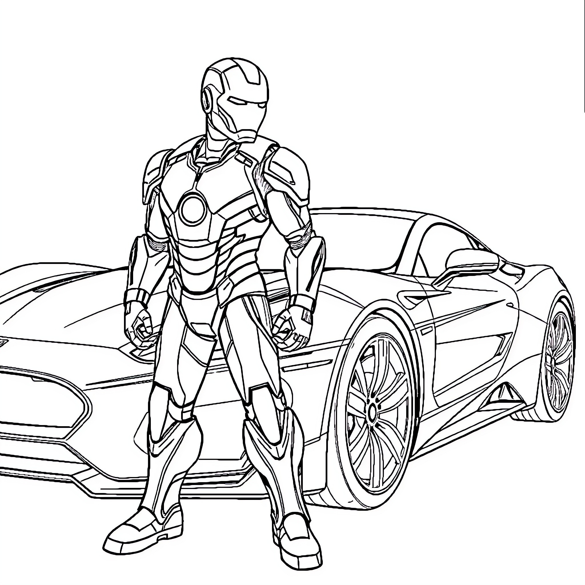 Ironman standing confidently next to a sleek sports car Coloring Page (free black-and-white line drawing printable PDF for all, from beginners to advanced learners, including children, teens, adults, and seniors)