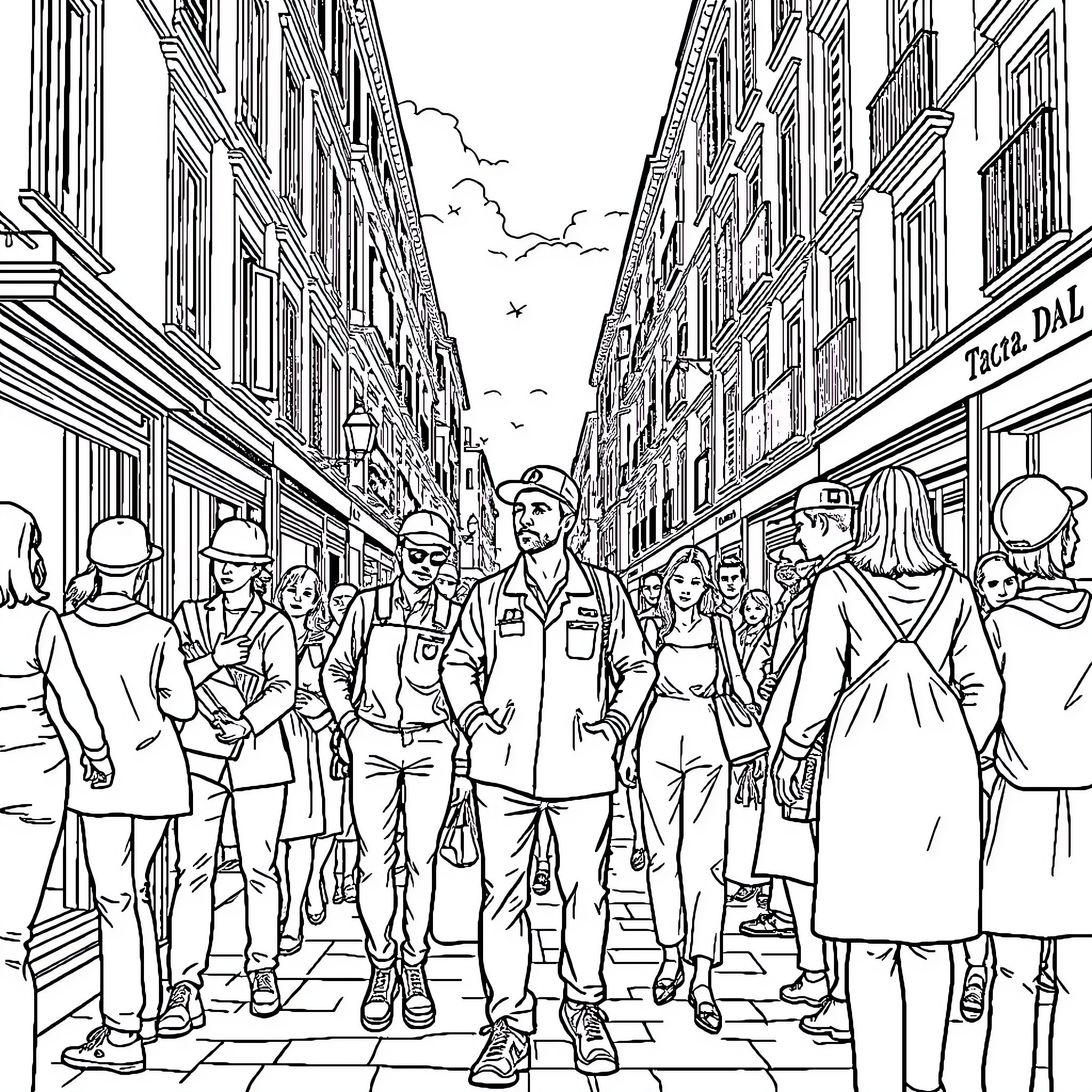 Workwear Attire in a Bustling Urban Scene Coloring Page (free black-and-white line drawing printable PDF for all, from beginners to advanced learners, including children, teens, adults, and seniors)