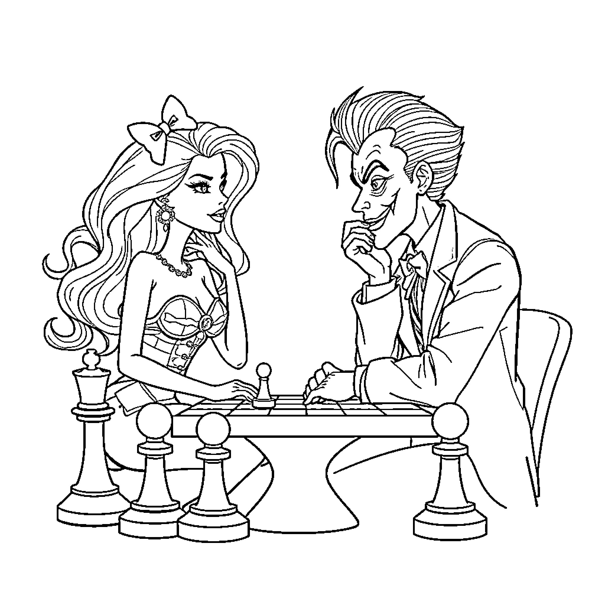 Barbie and Ken playing chess together Coloring Page (free black-and-white line drawing printable PDF for all, from beginners to advanced learners, including children, teens, adults, and seniors)
