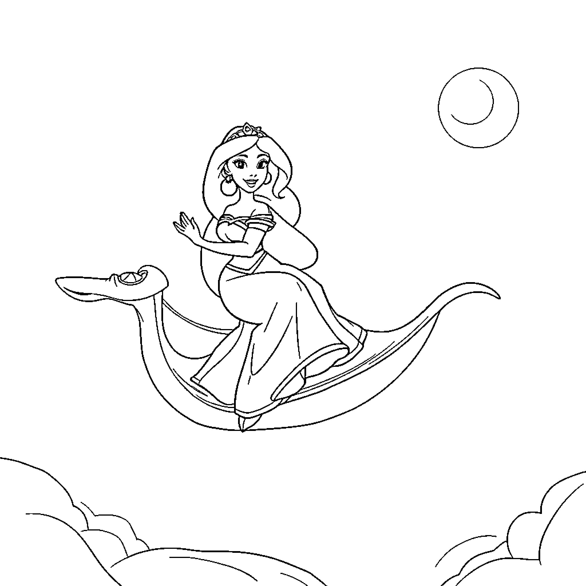 Princess riding a magic carpet under the moon Coloring Page (free black-and-white line drawing printable PDF for all, from beginners to advanced learners, including children, teens, adults, and seniors)