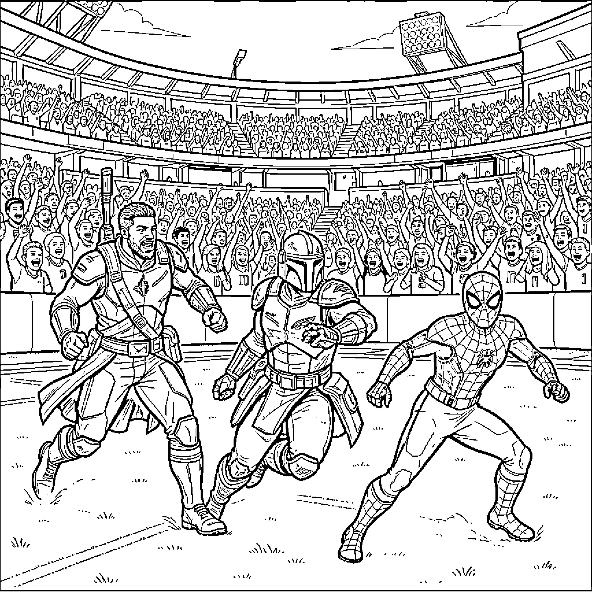 Jalen Hurts running alongside superheroes in a stadium Coloring Page (free black-and-white line drawing printable PDF for all, from beginners to advanced learners, including children, teens, adults, and seniors)