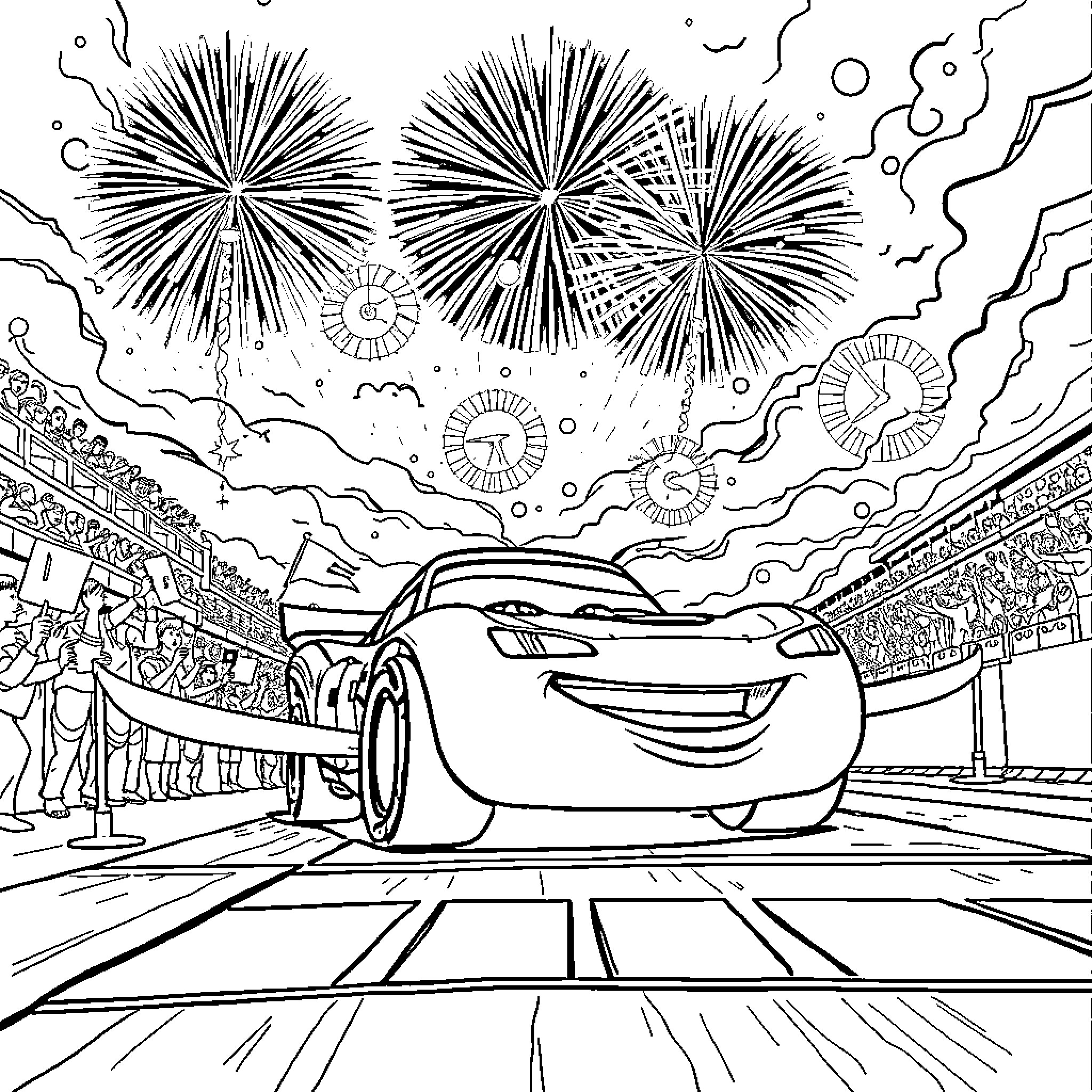 Lightning McQueen celebrates victory with fireworks Coloring Page (free black-and-white line drawing printable PDF for all, from beginners to advanced learners, including children, teens, adults, and seniors)