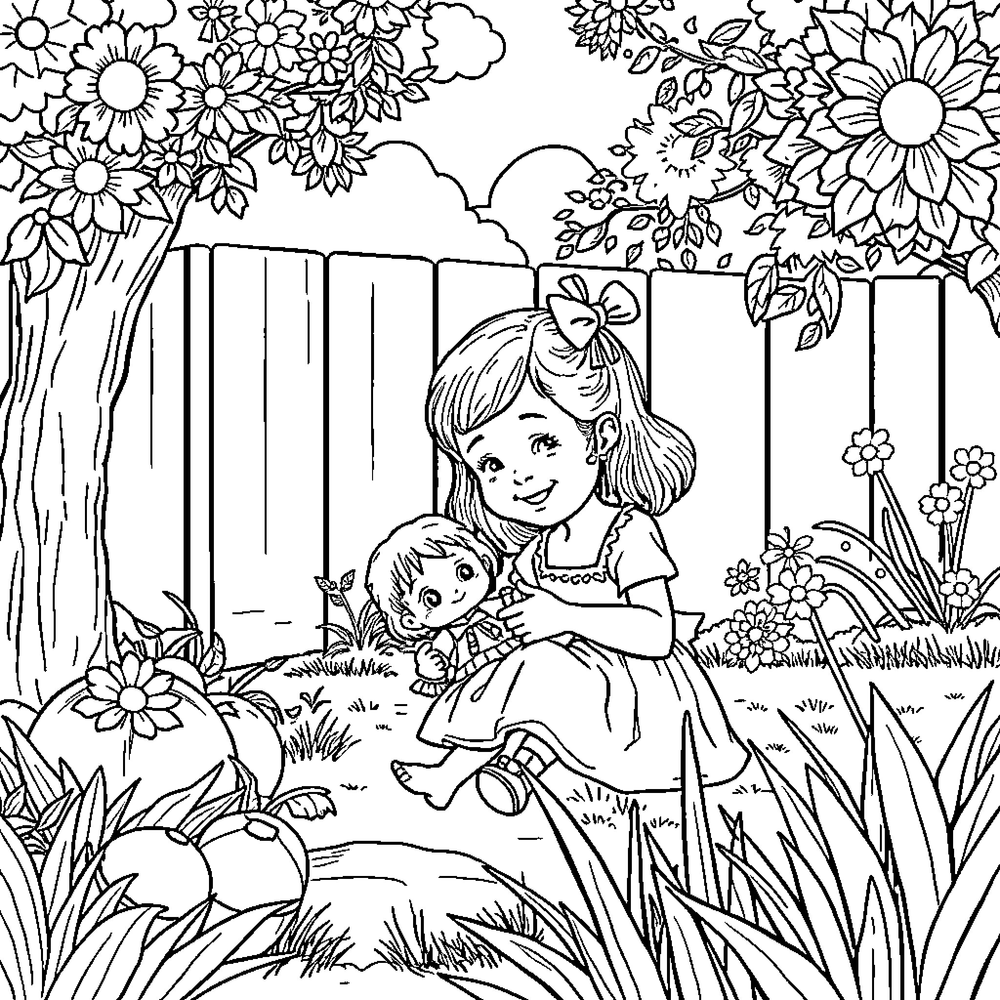 Girl playing with doll in floral garden Coloring Page (free black-and-white line drawing printable PDF for all, from beginners to advanced learners, including children, teens, adults, and seniors)