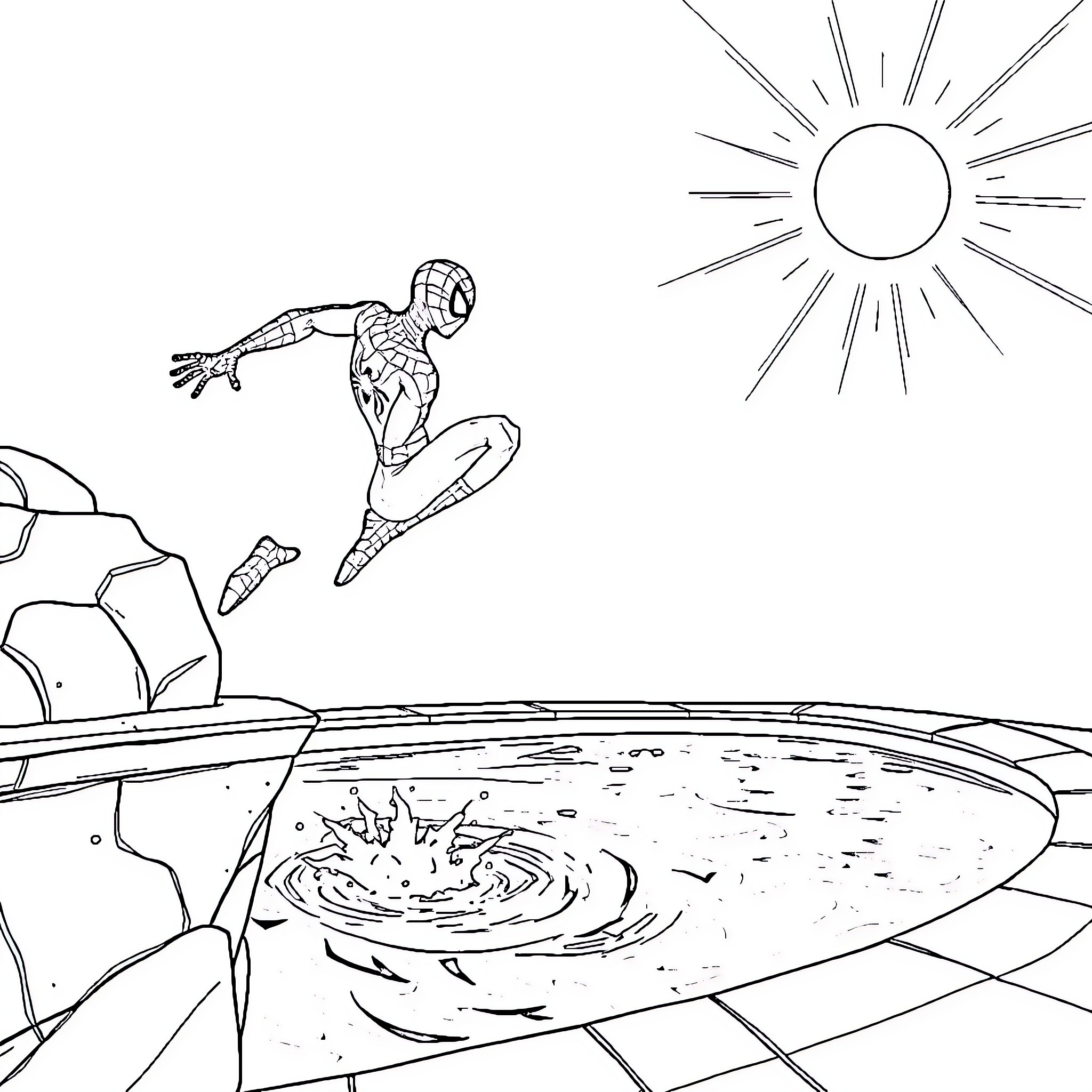 Spiderman leaping into action in sunny landscape Coloring Page (free black-and-white line drawing printable PDF for all, from beginners to advanced learners, including children, teens, adults, and seniors)