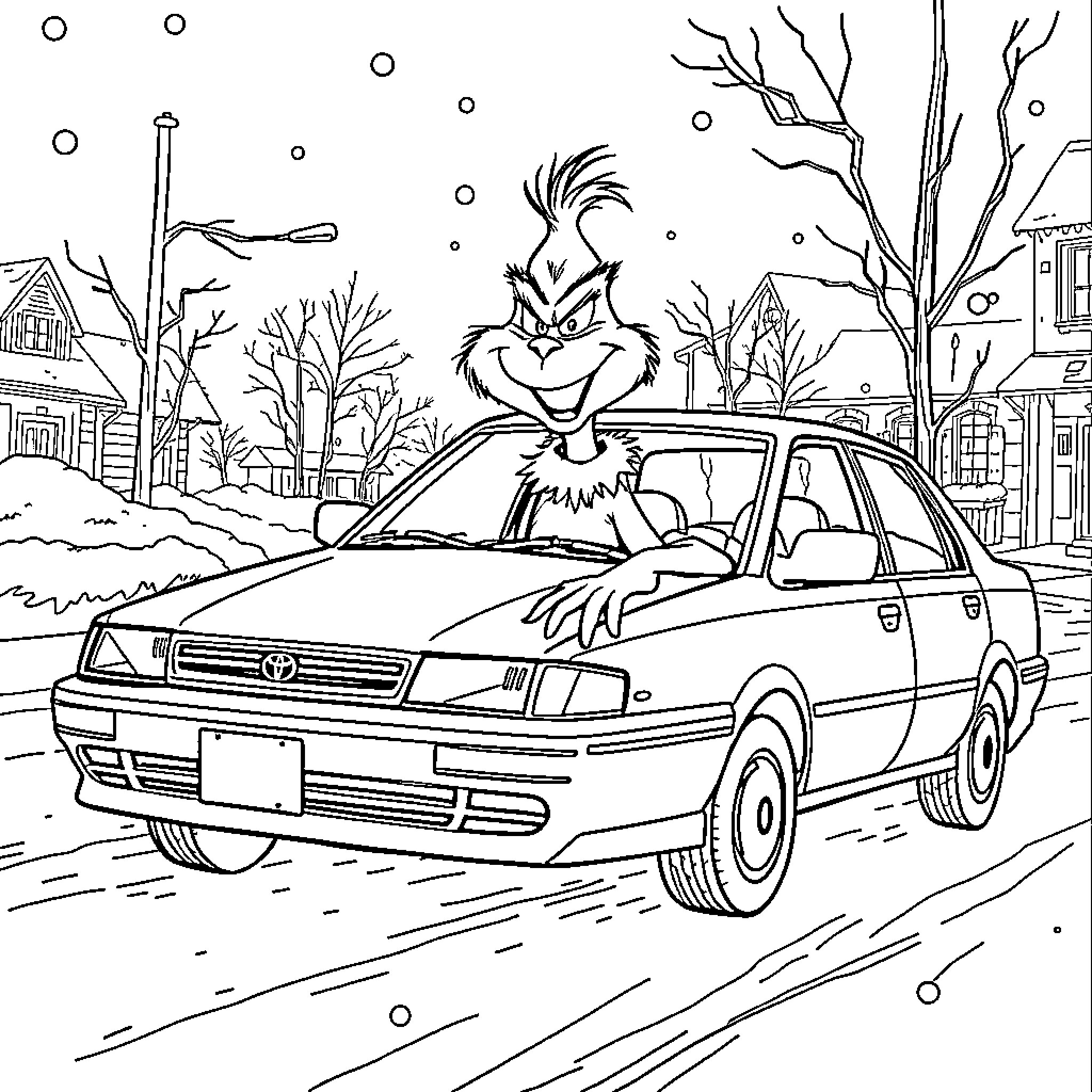 Grinch's Mischievous Ride in the Winter Wonderland Coloring Page (free black-and-white line drawing printable PDF for all, from beginners to advanced learners, including children, teens, adults, and seniors)
