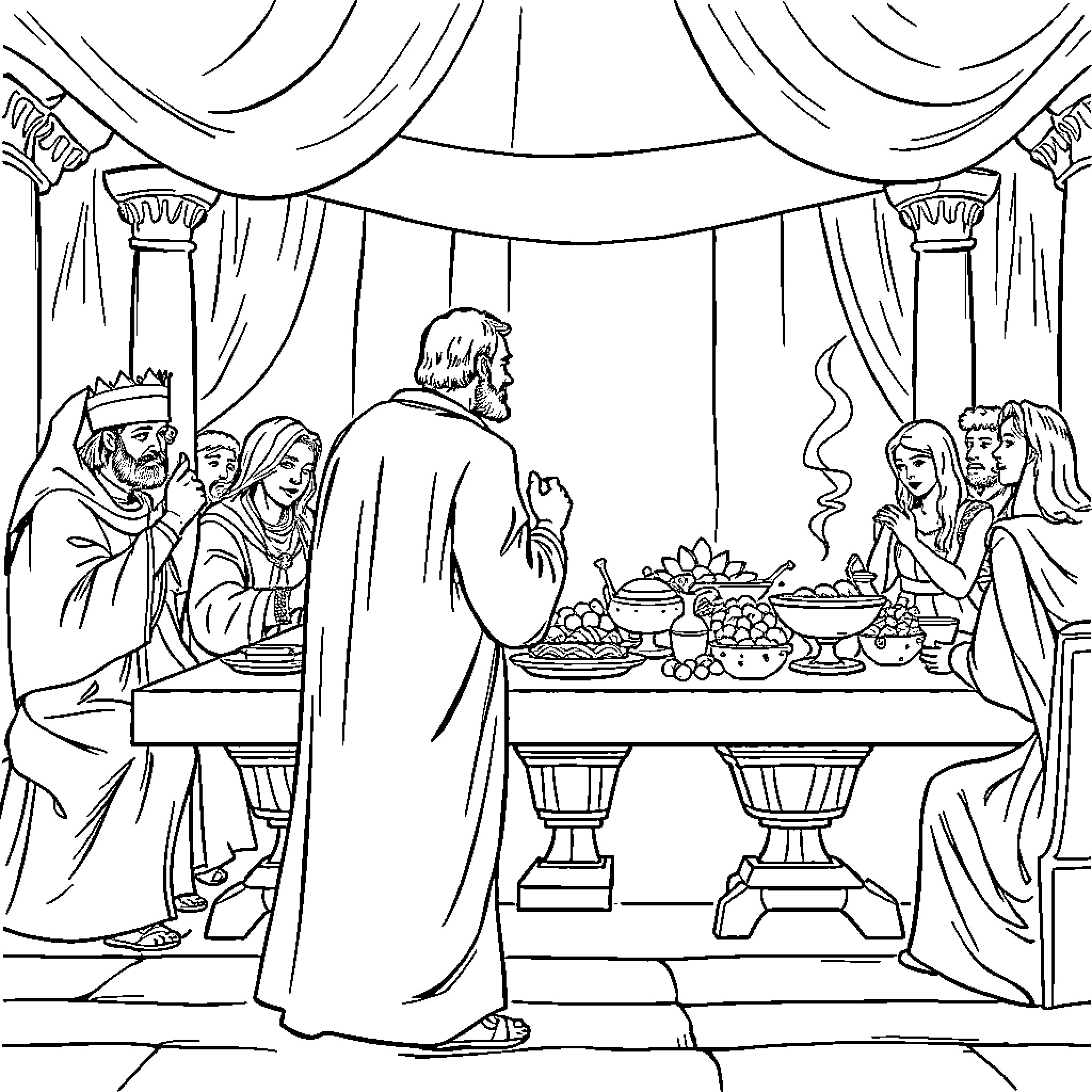 Daniel's Feast with Guests in Ornate Hall Coloring Page (free black-and-white line drawing printable PDF for all, from beginners to advanced learners, including children, teens, adults, and seniors)
